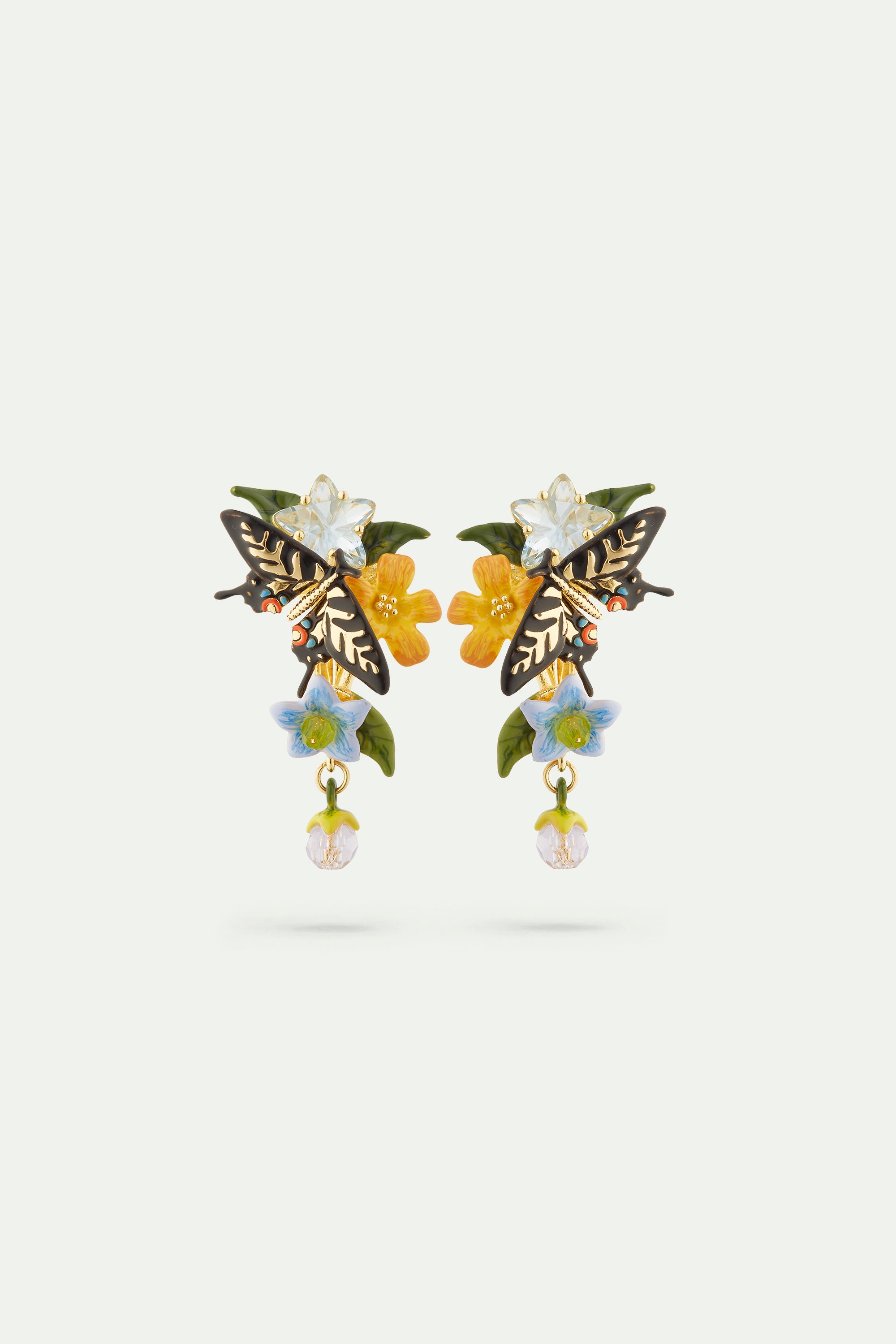 Butterfly, flower and hanging pearl earrings