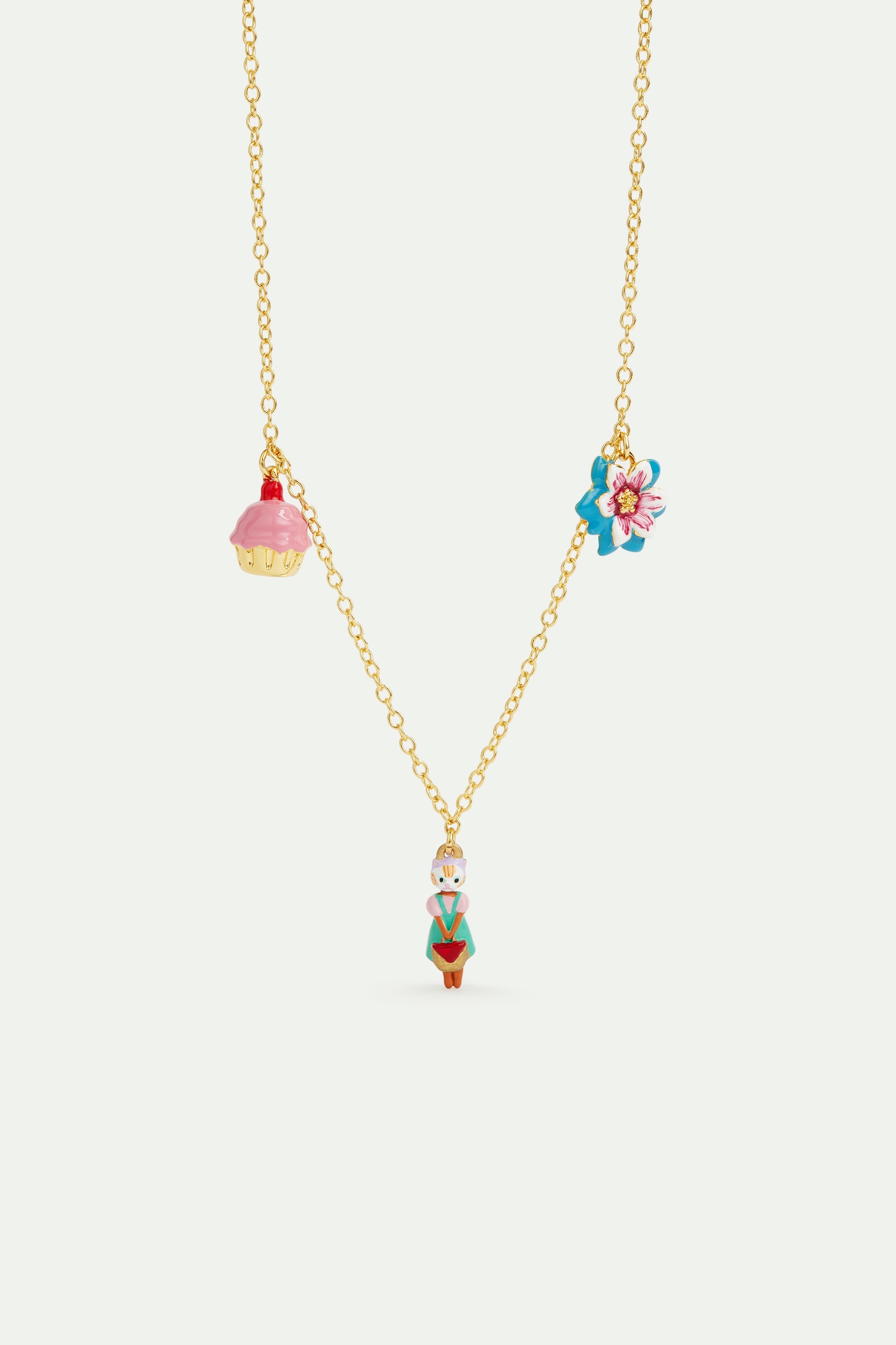 Collier pendentif chat roux, fleur bleue et patisserie