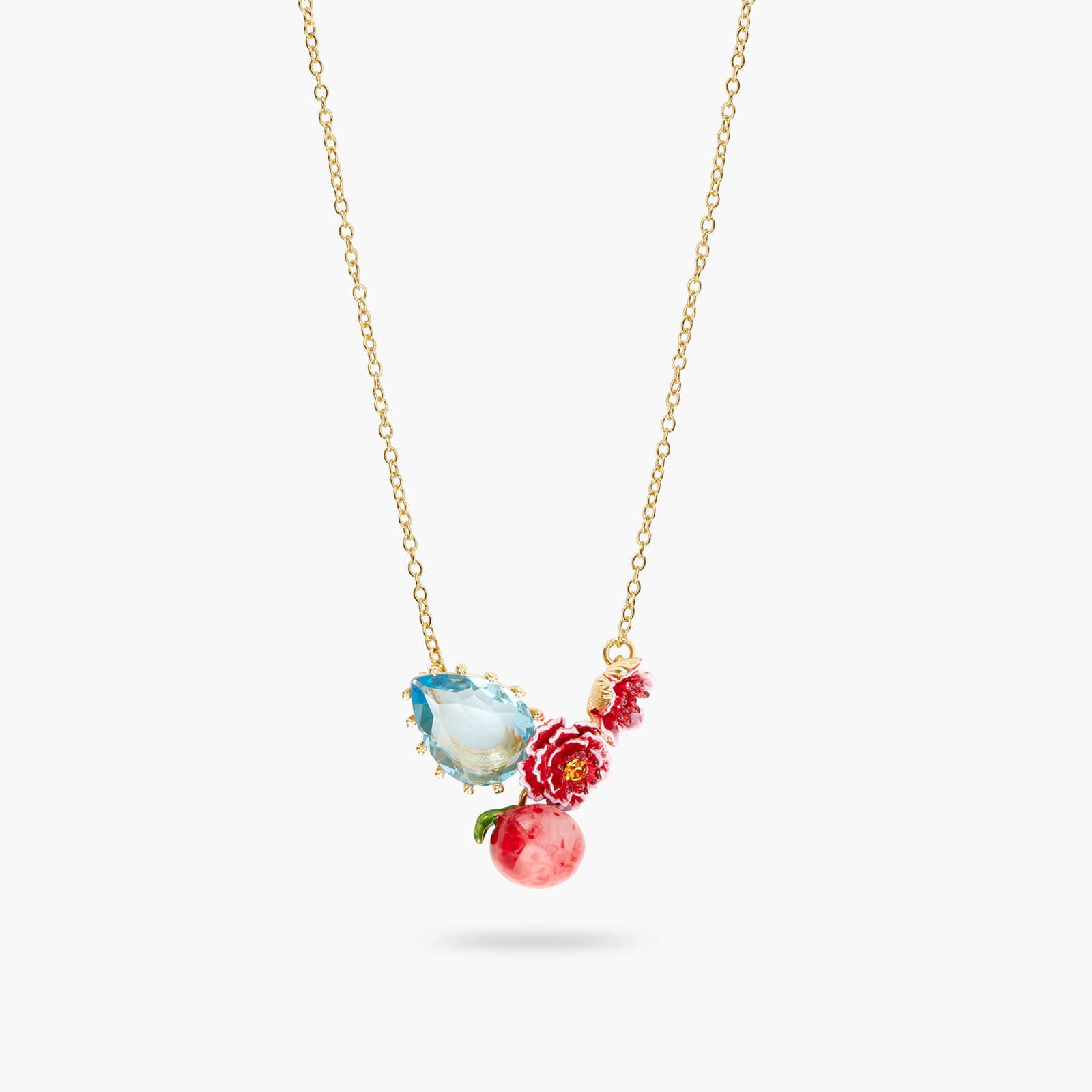 Collier pendentif Fleurs de pêcher et Pierre Bleu Forme Poire