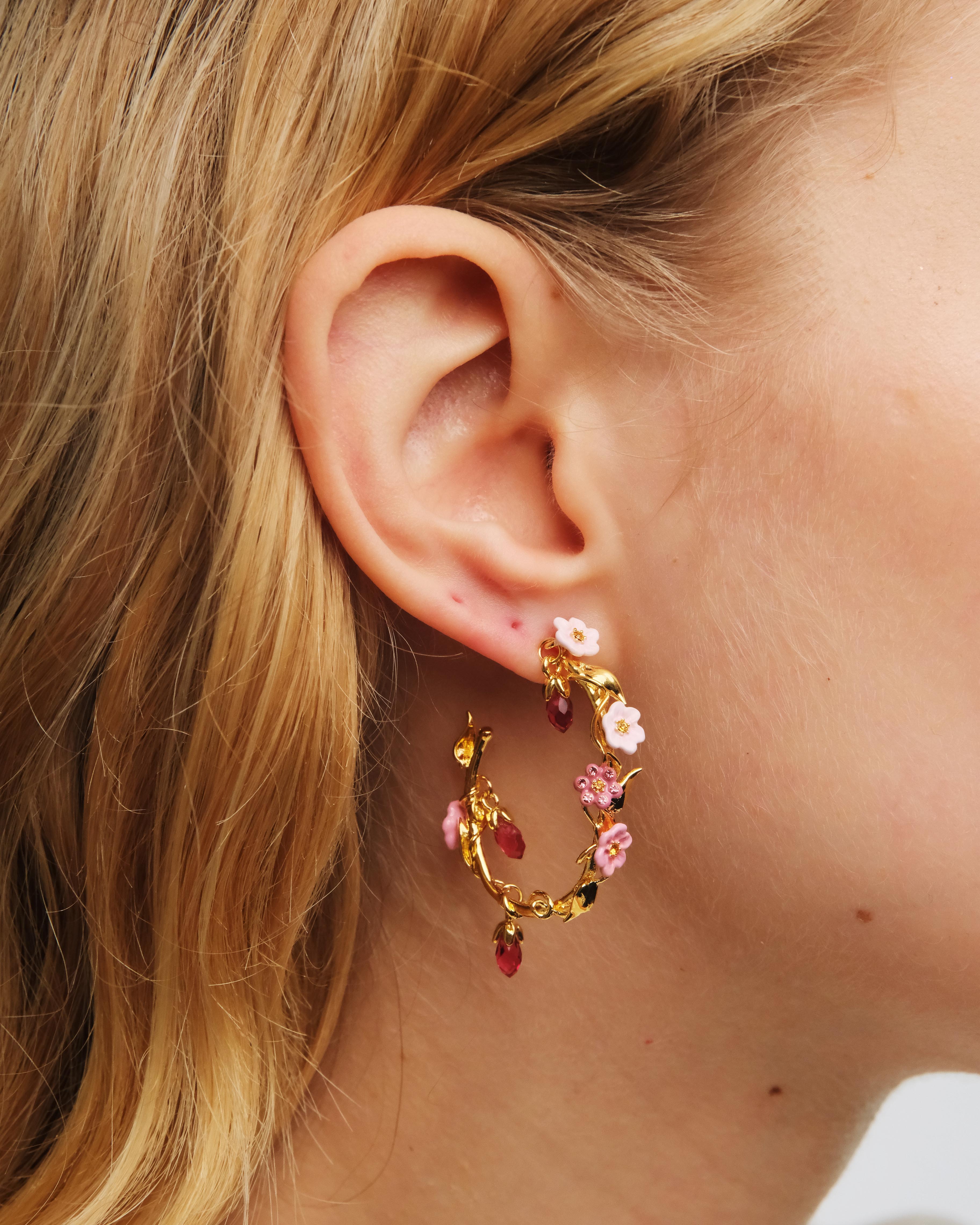 Pink jasmine flower hoop earrings