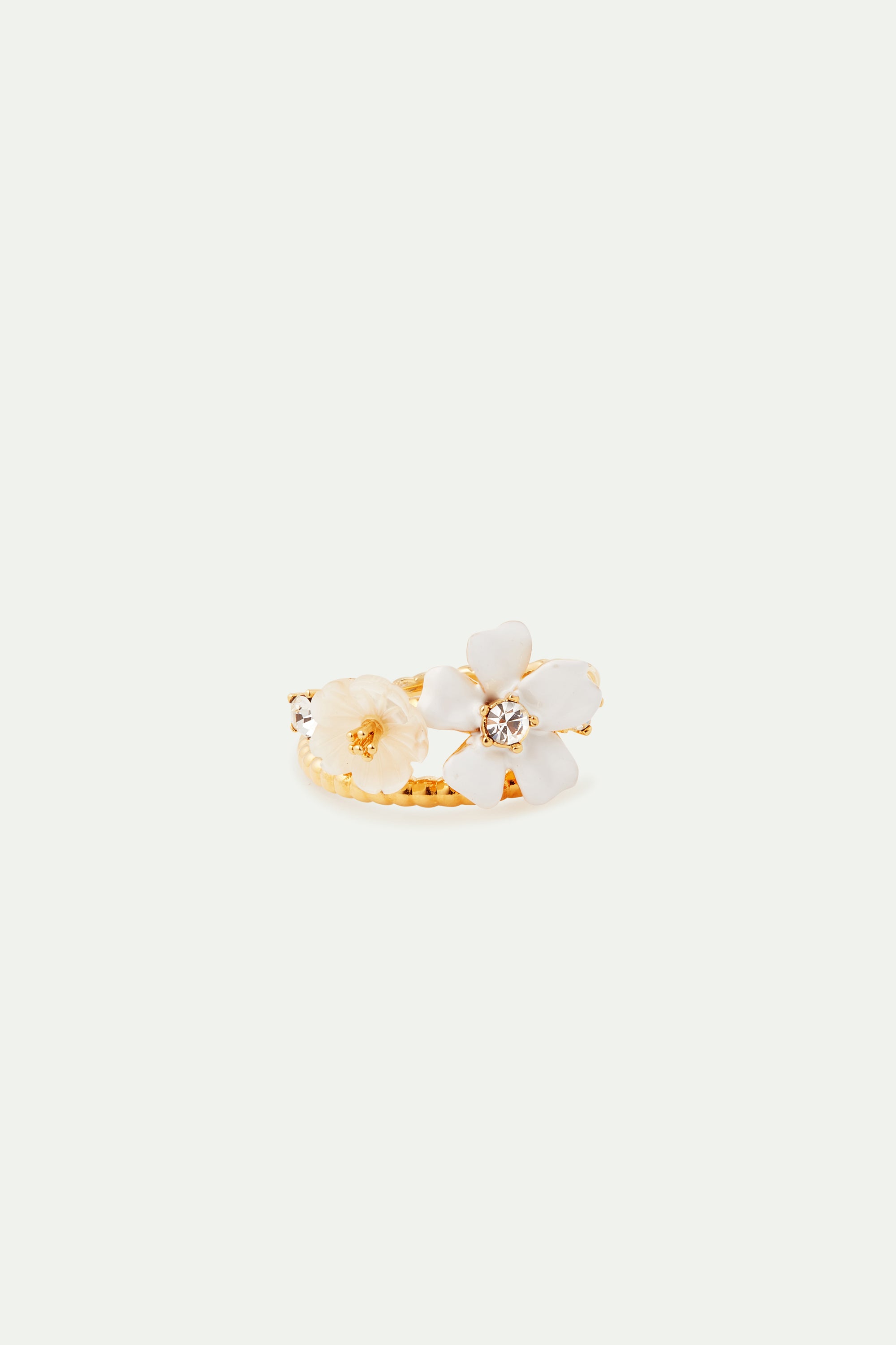 White jasmine and faceted crystal adjustable ring