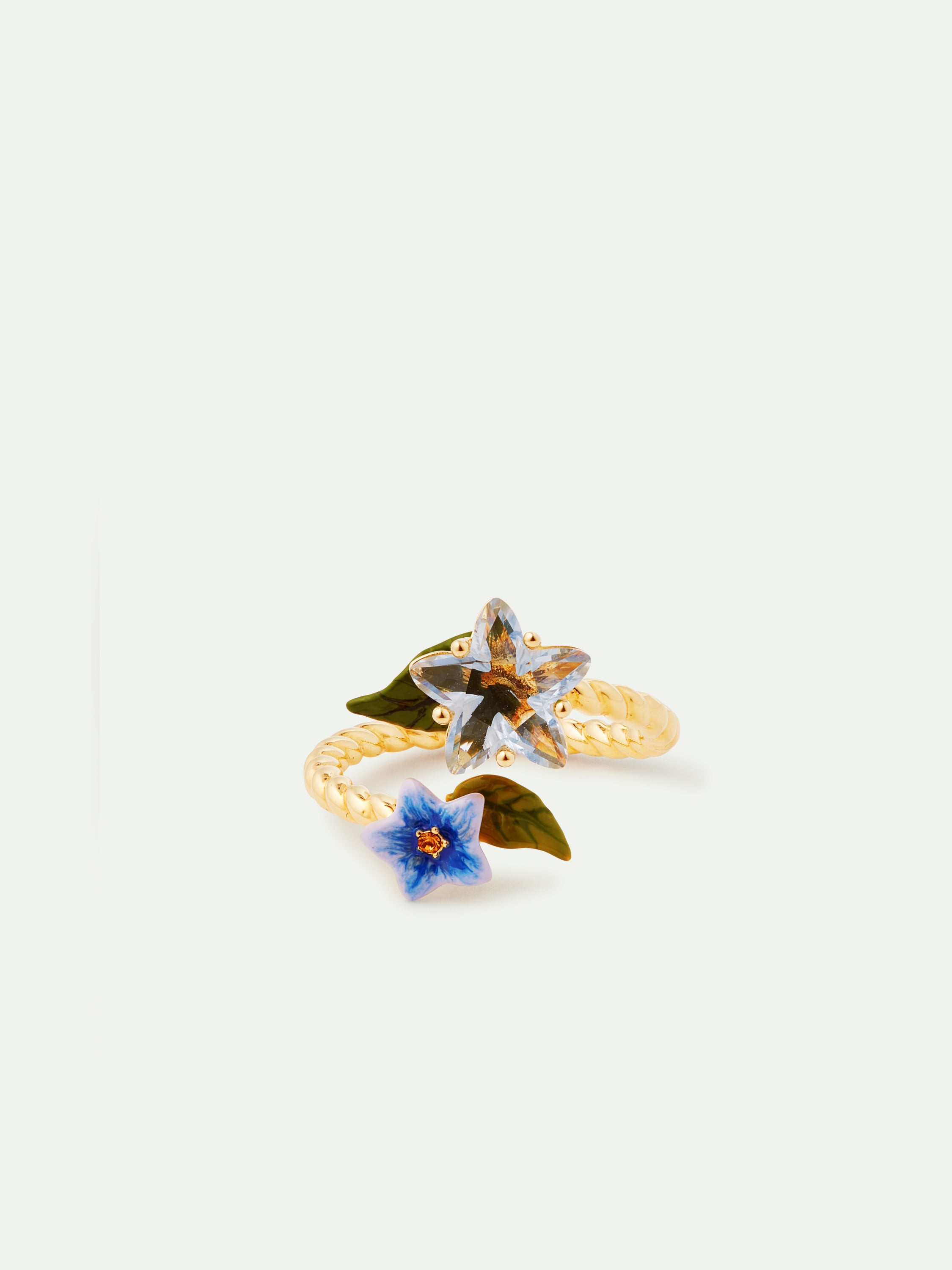Faceted star and blue jasmine flower adjustable you and me ring