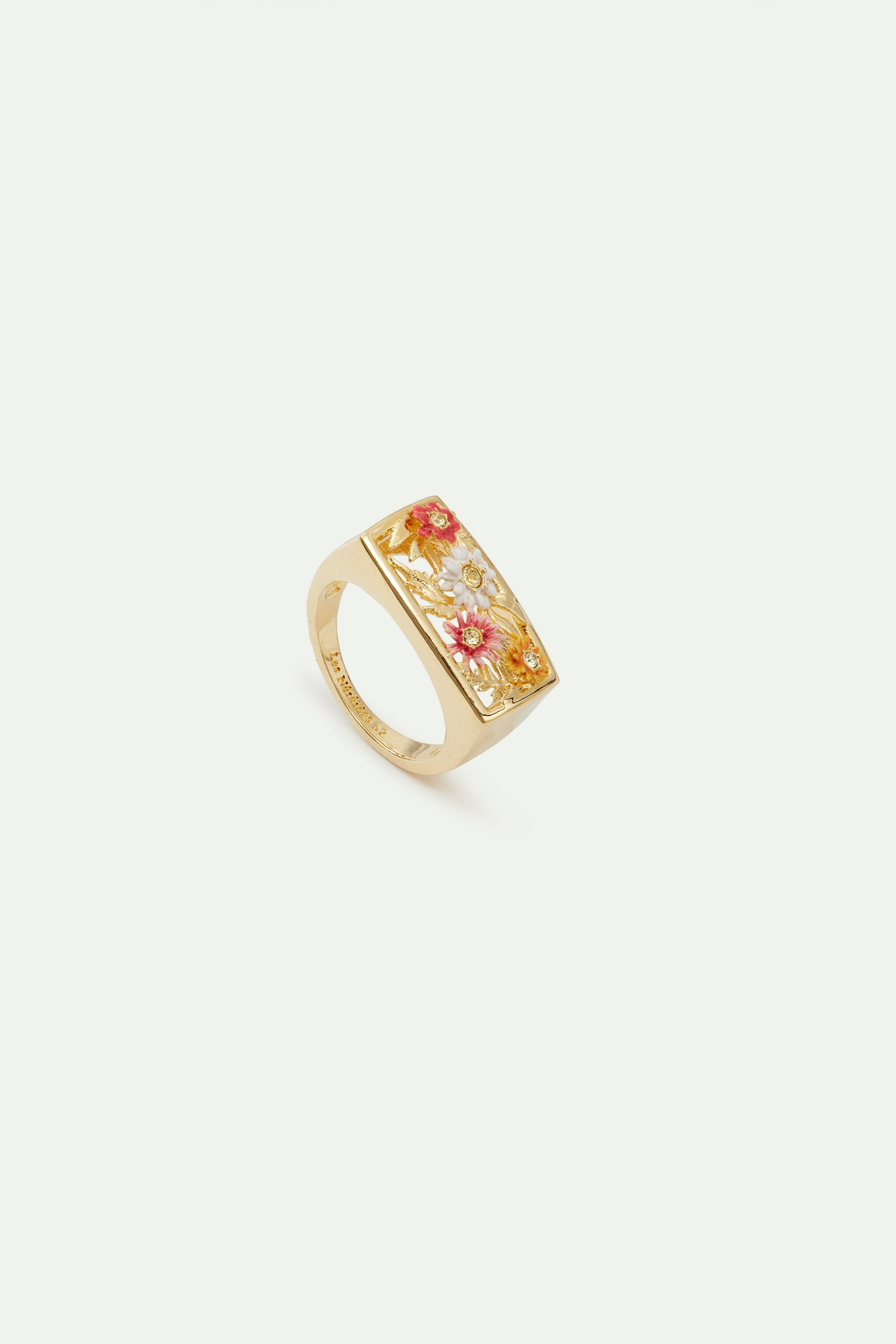 Bague chevalière dorée fleurs zinnias