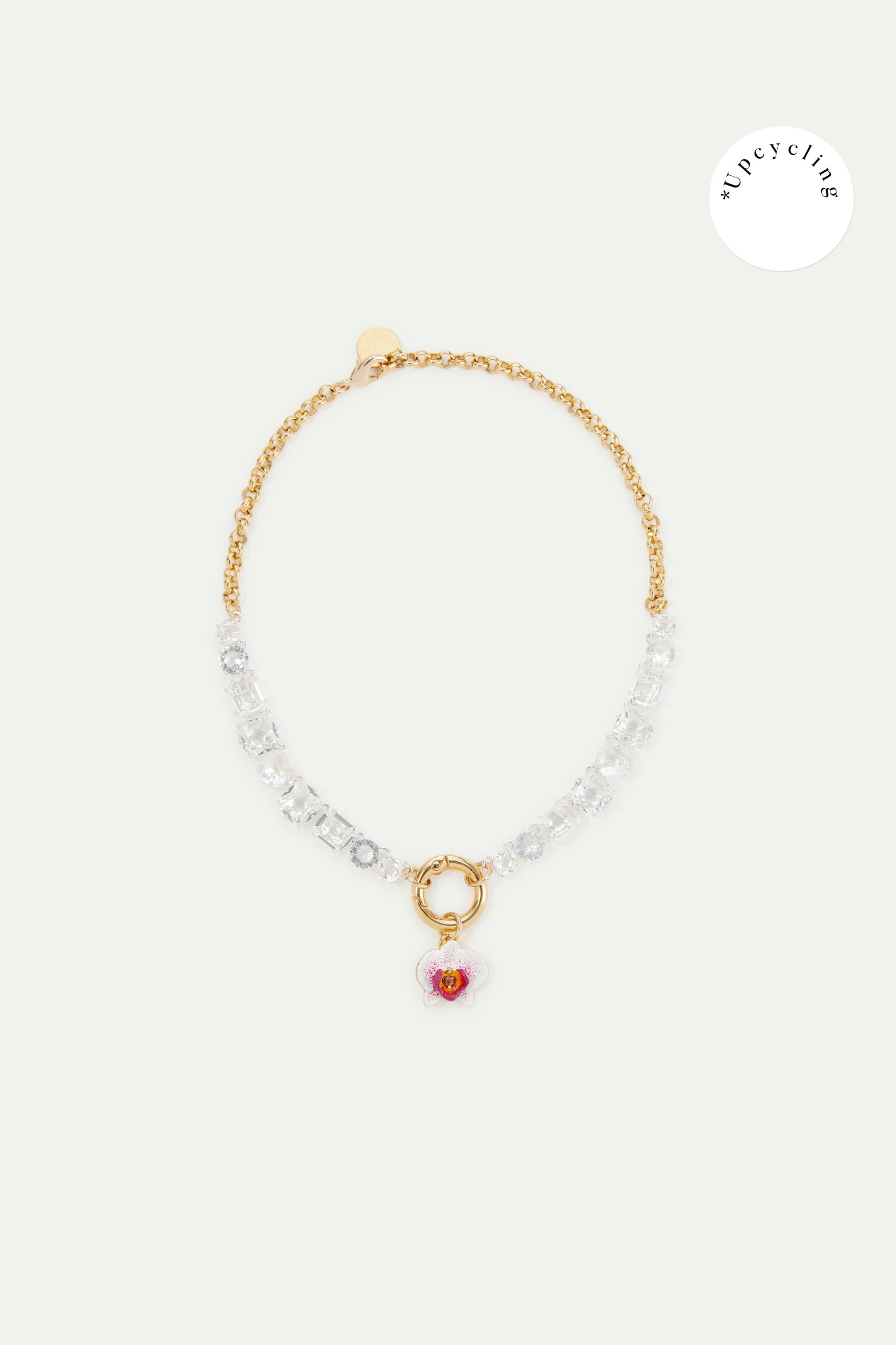 Collier ras de cou La Diamantine argentée et fleur d'orchidée