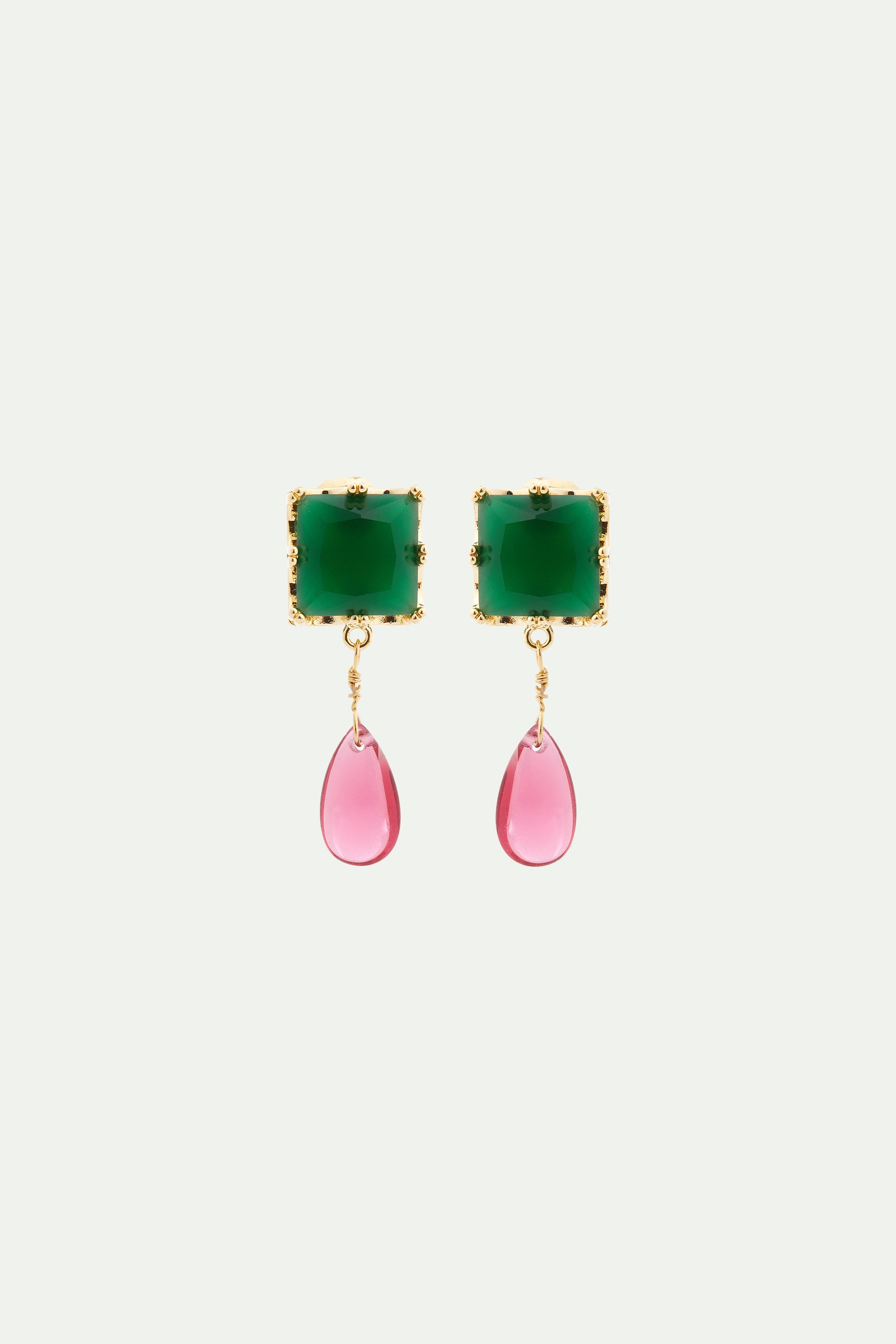 Boucles d'oreilles tiges pierre carrée verte et perle