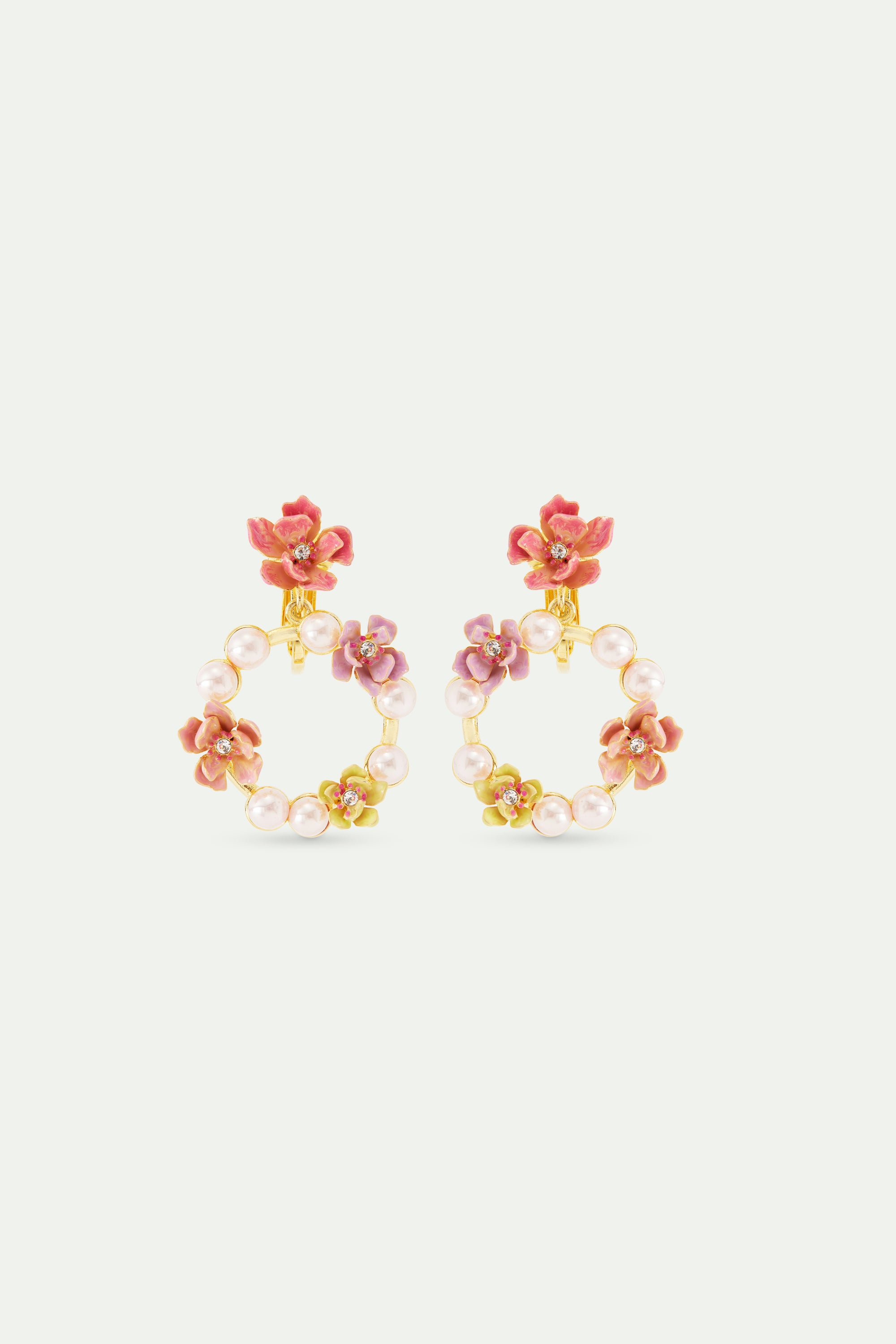 Pink magnolia flowers and white artificial pearl hoop earrings