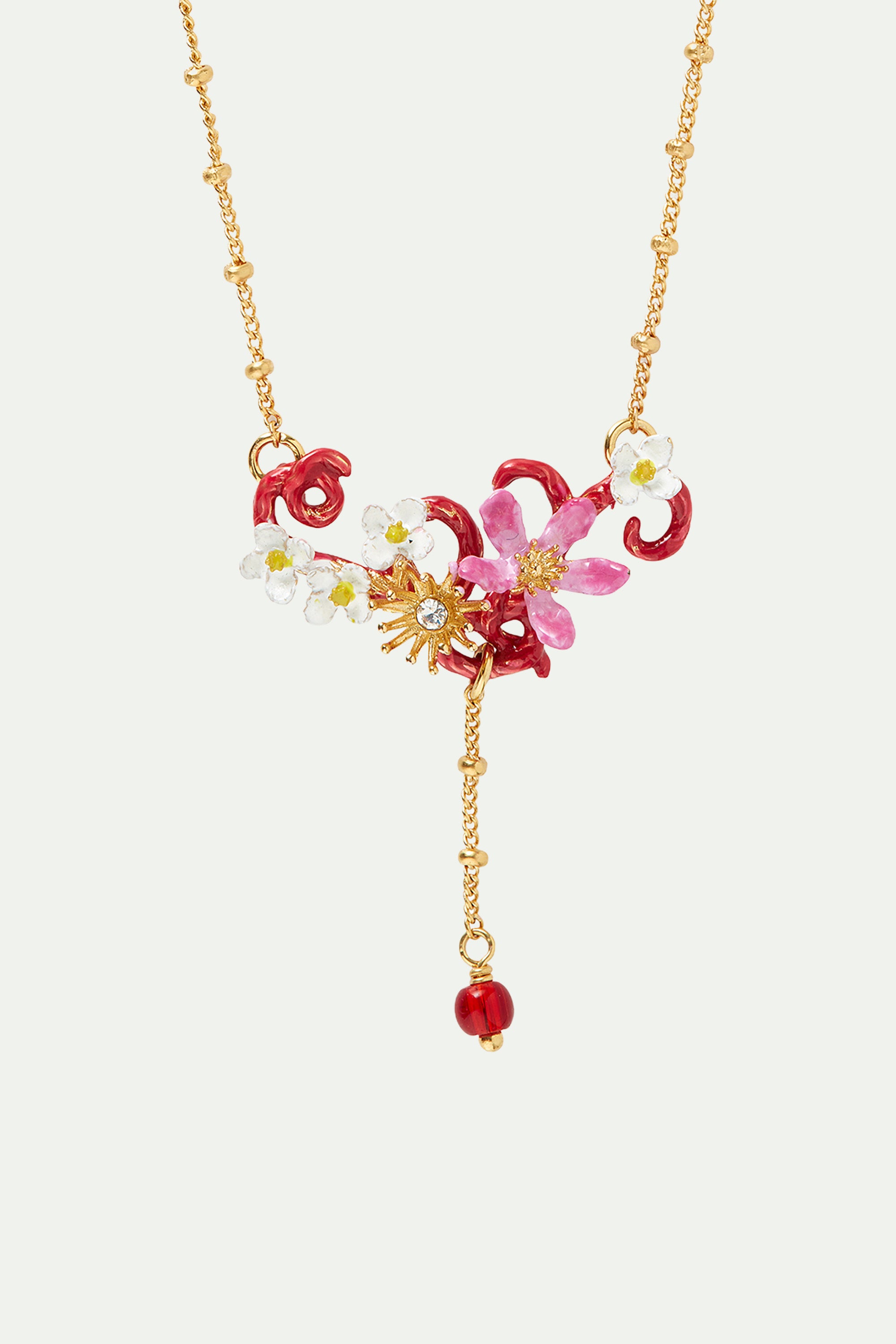 Vine flowers and pearl pendant statement necklace