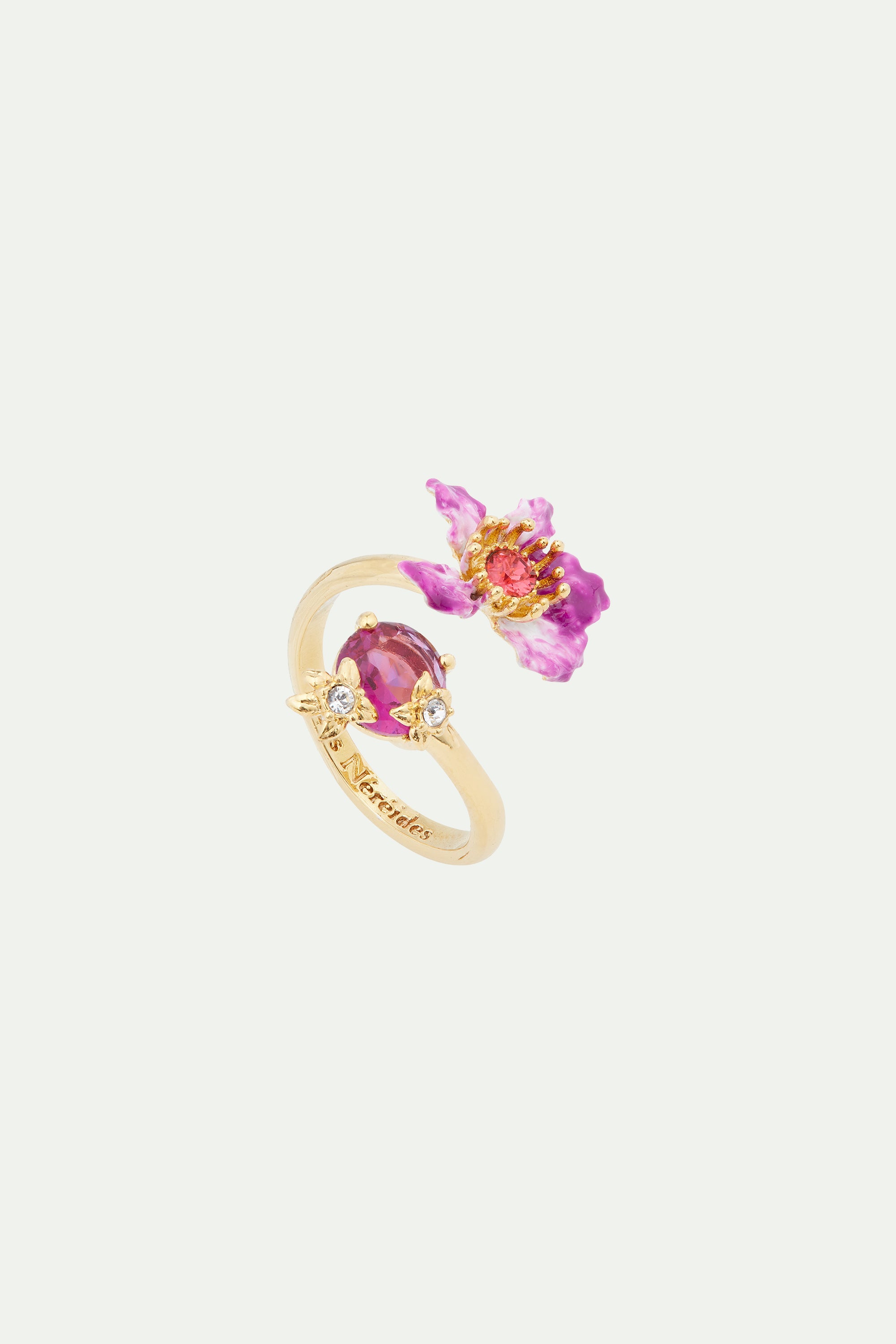 Purple bauhinia flower and faceted crystal you and me adjustable ring