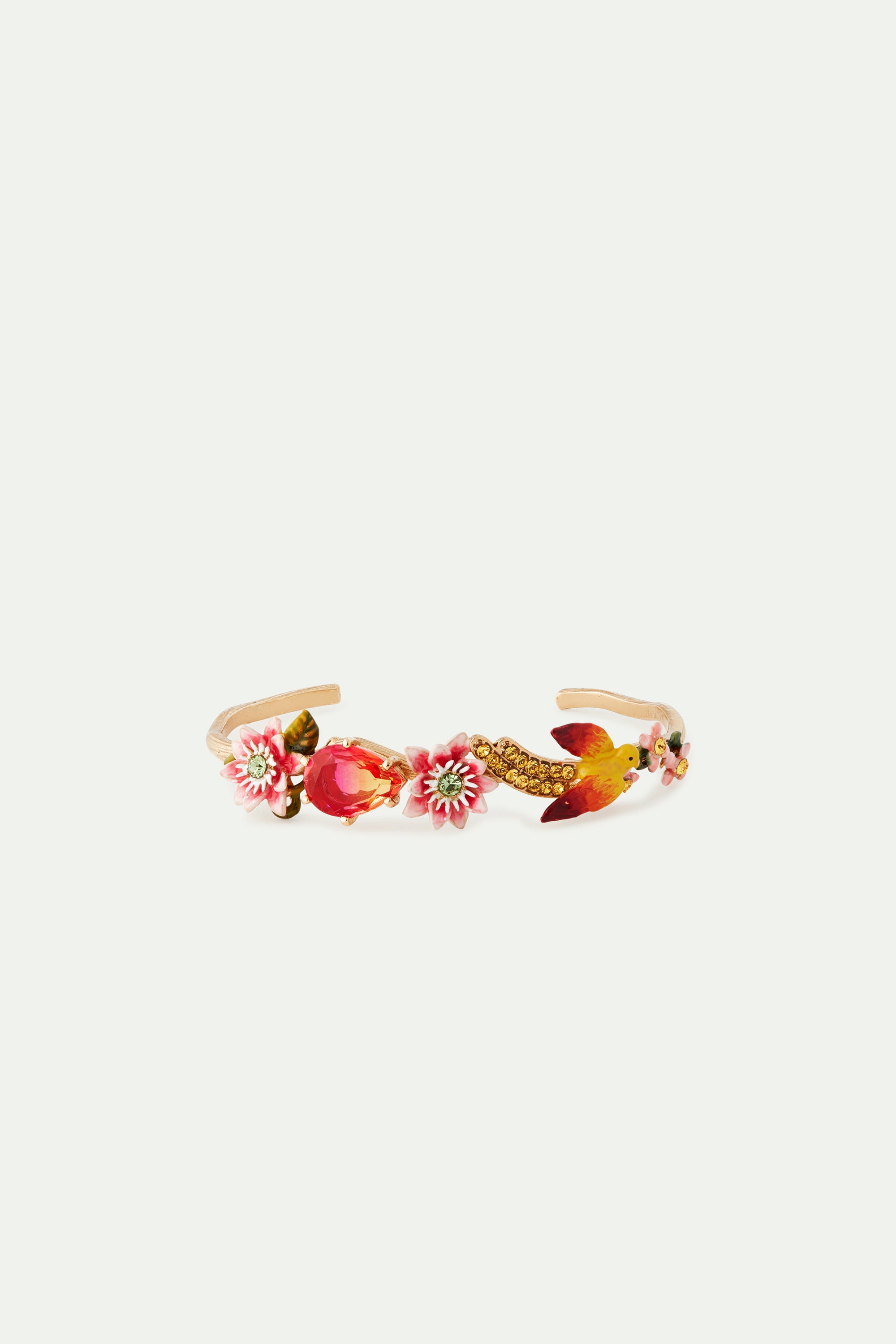 Bracelet jonc fleurs de Passifore, perruche et poire de verre facetté