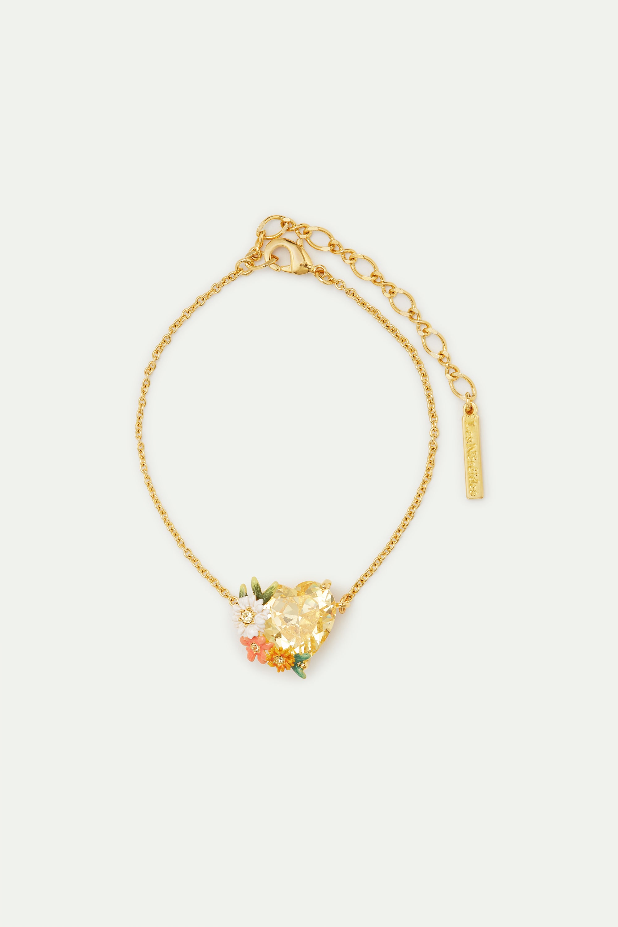 Pulsera fina corazón amarillo, zinnias y margaritas