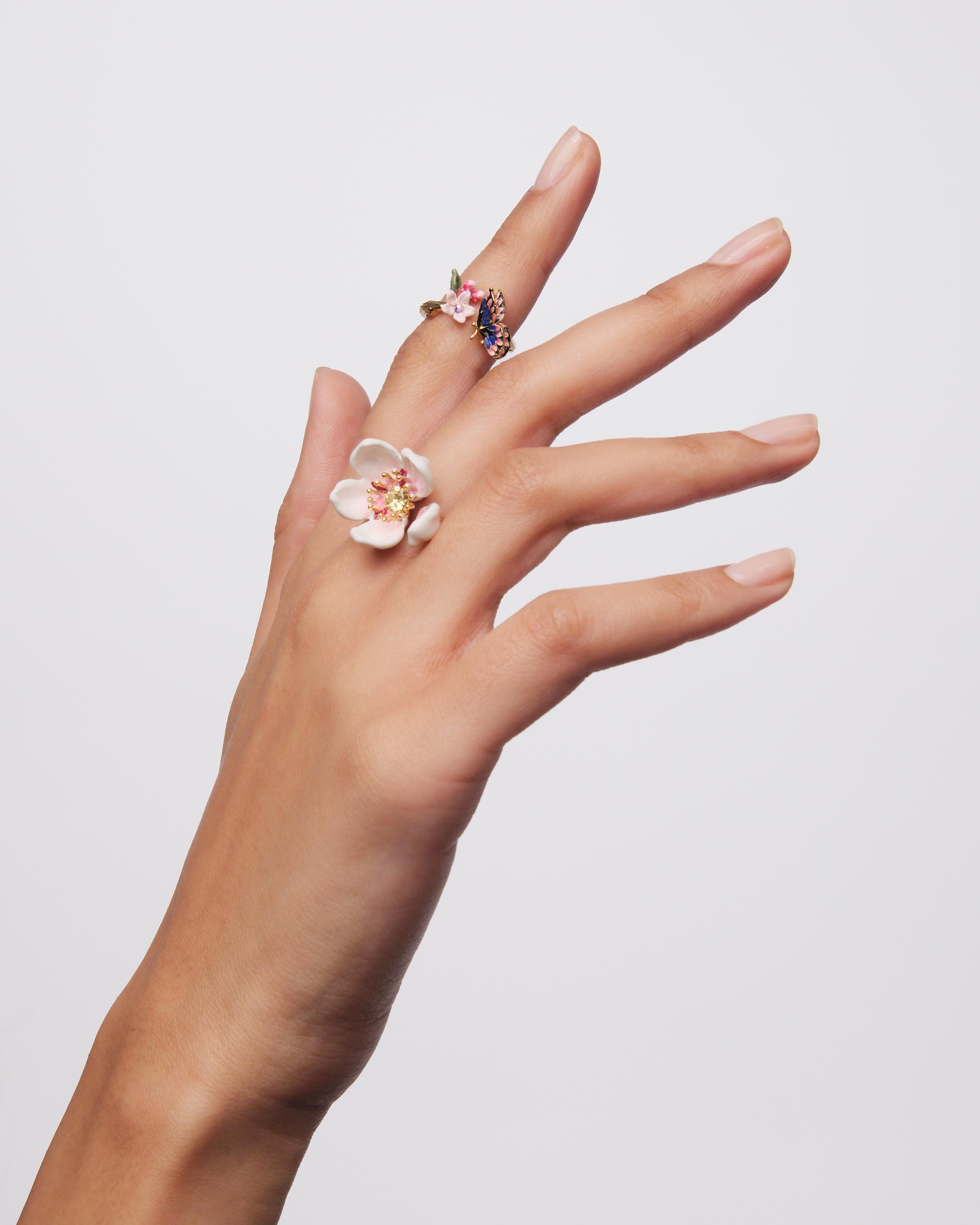 Japanese white cherry blossom and petals adjustable ring