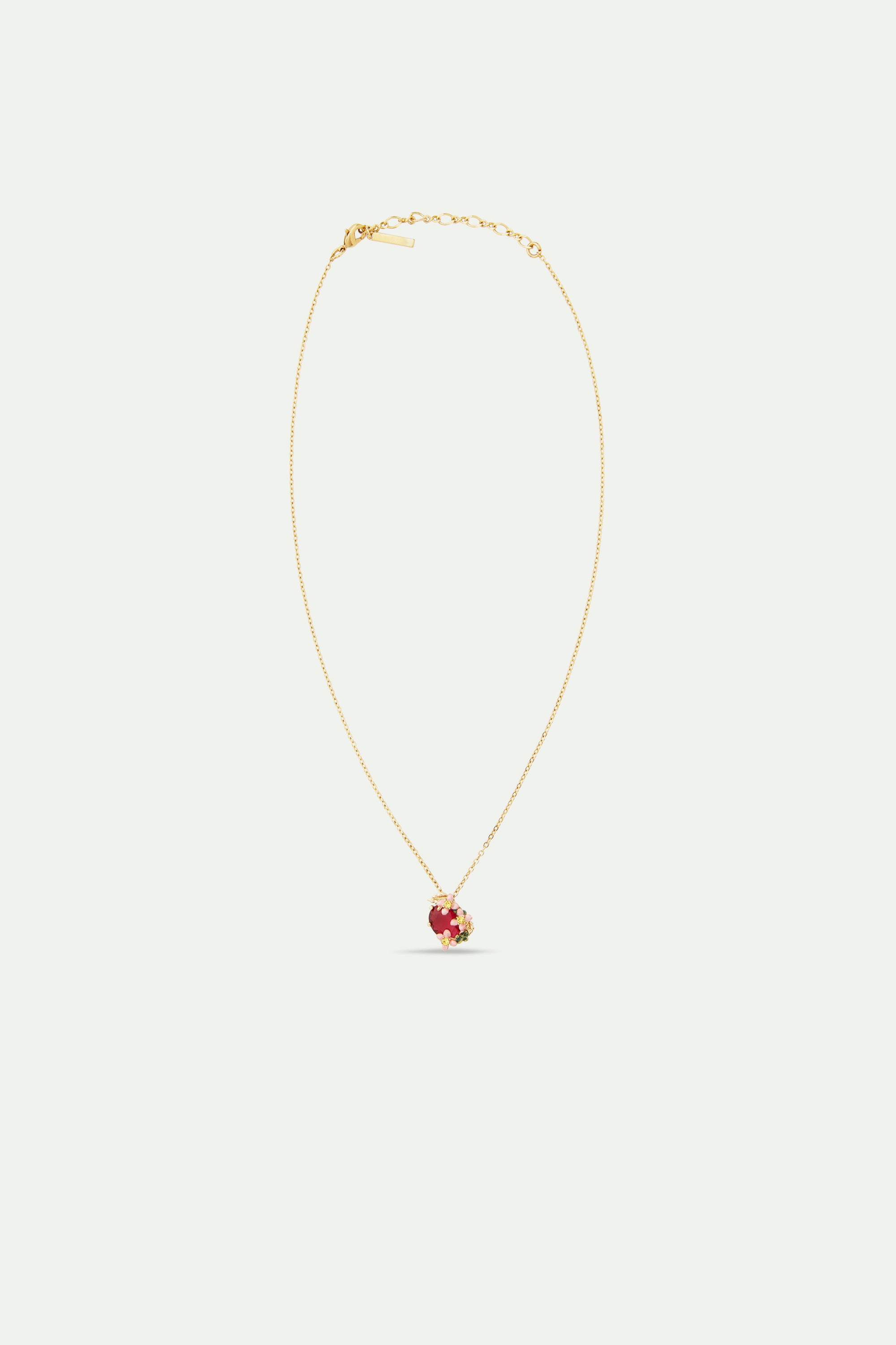 Collier pendentif verre facetté rose et fleurs roses