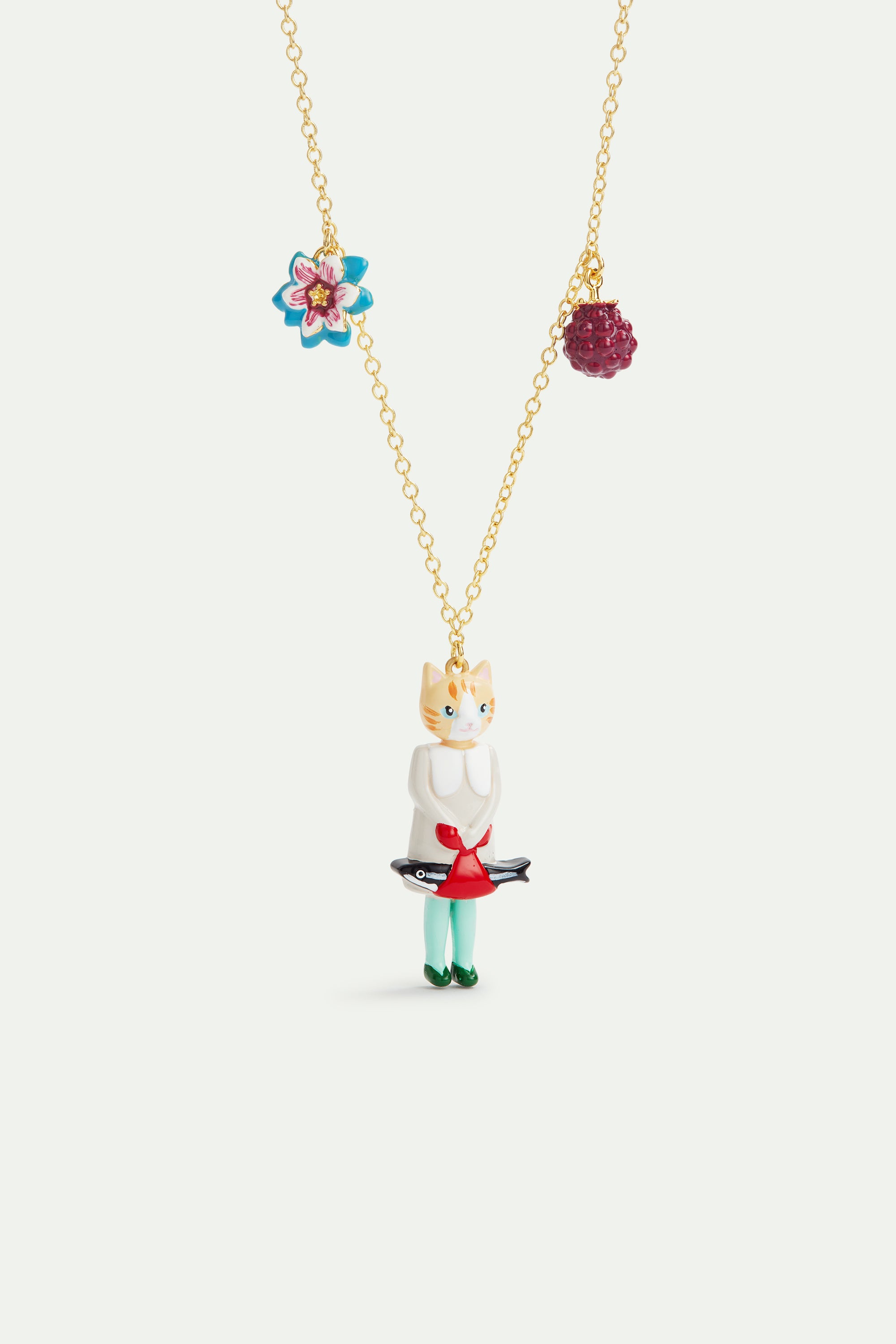 Collier pendentif chat roux et poisson, fleur bleue et framboise