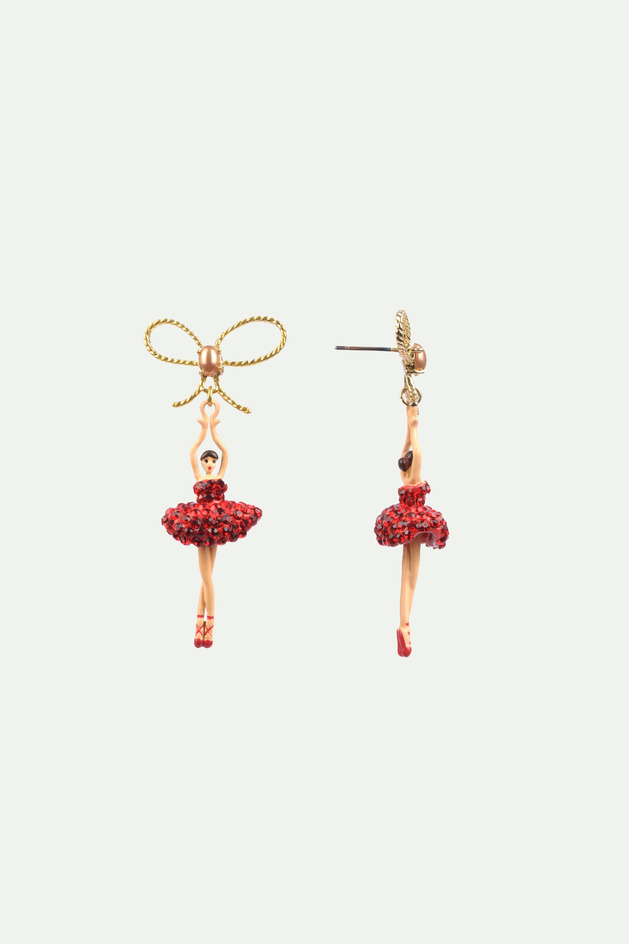 Asymmetrical Clip on earrings ballerina with tutu paved with red rhinestones