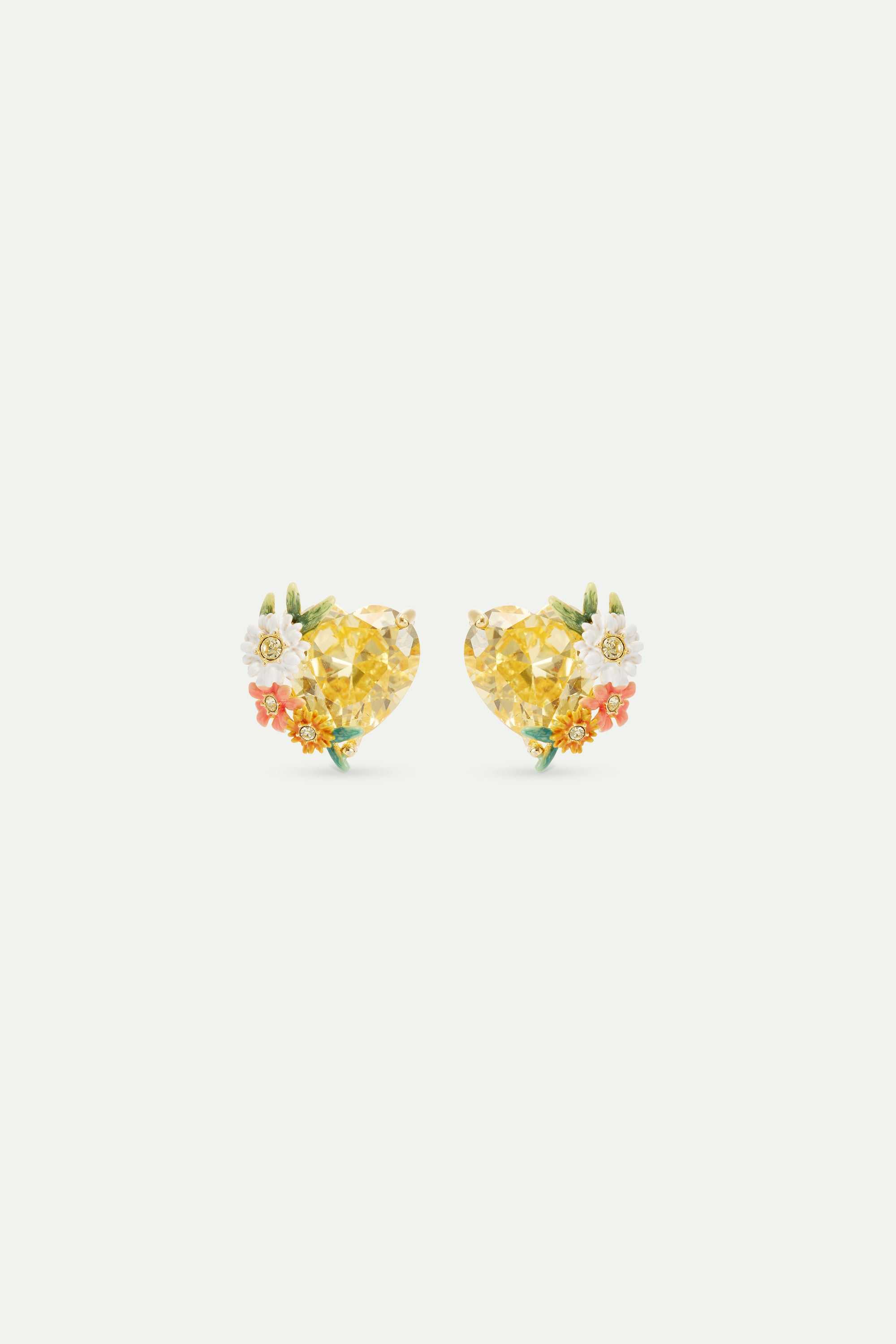 Boucles d'oreilles tiges cœur jaune, fleurs zinnias et pâquerettes