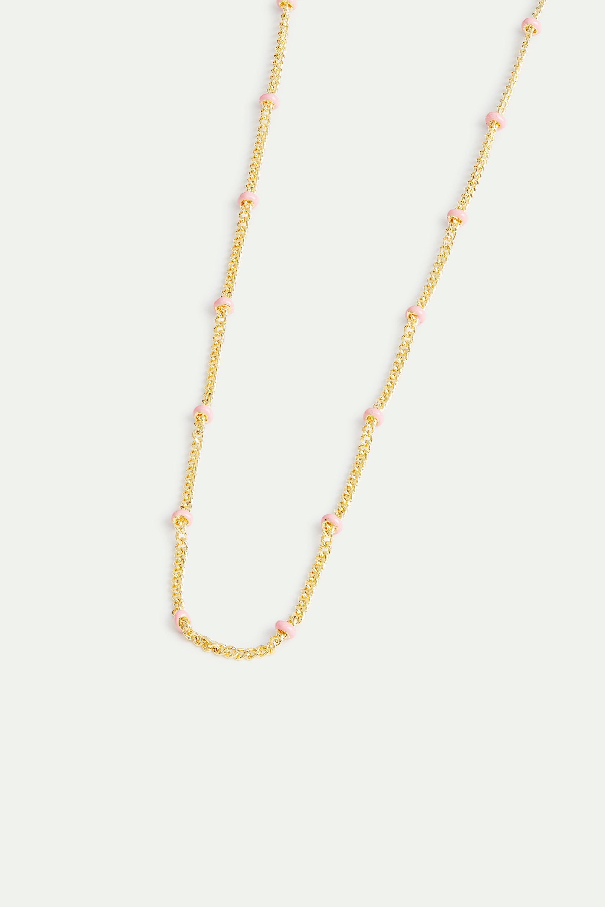 Enamelled golden chain and pink beads