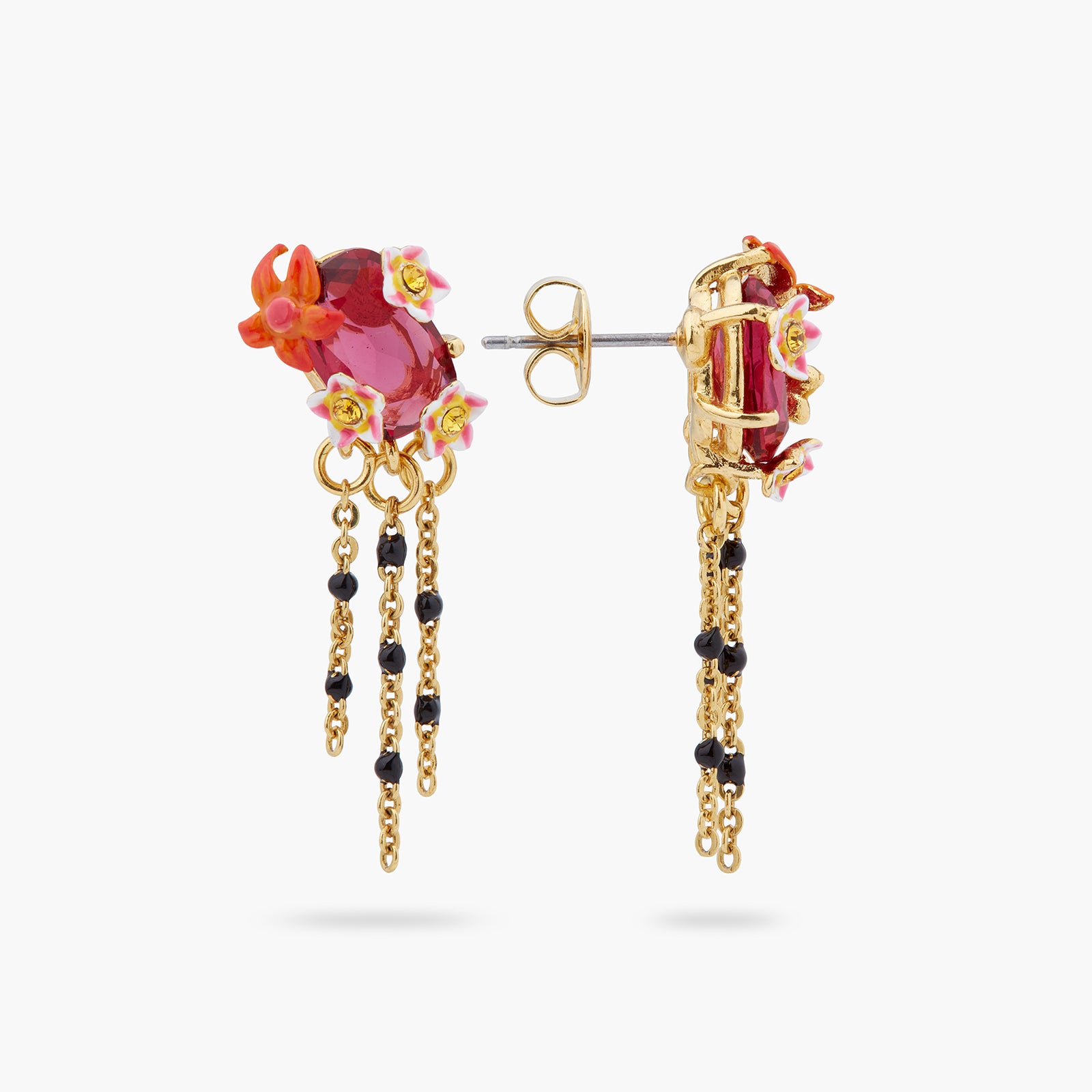 Boucles d'oreilles tiges pendantes cristal facetté et fleurs exotiques