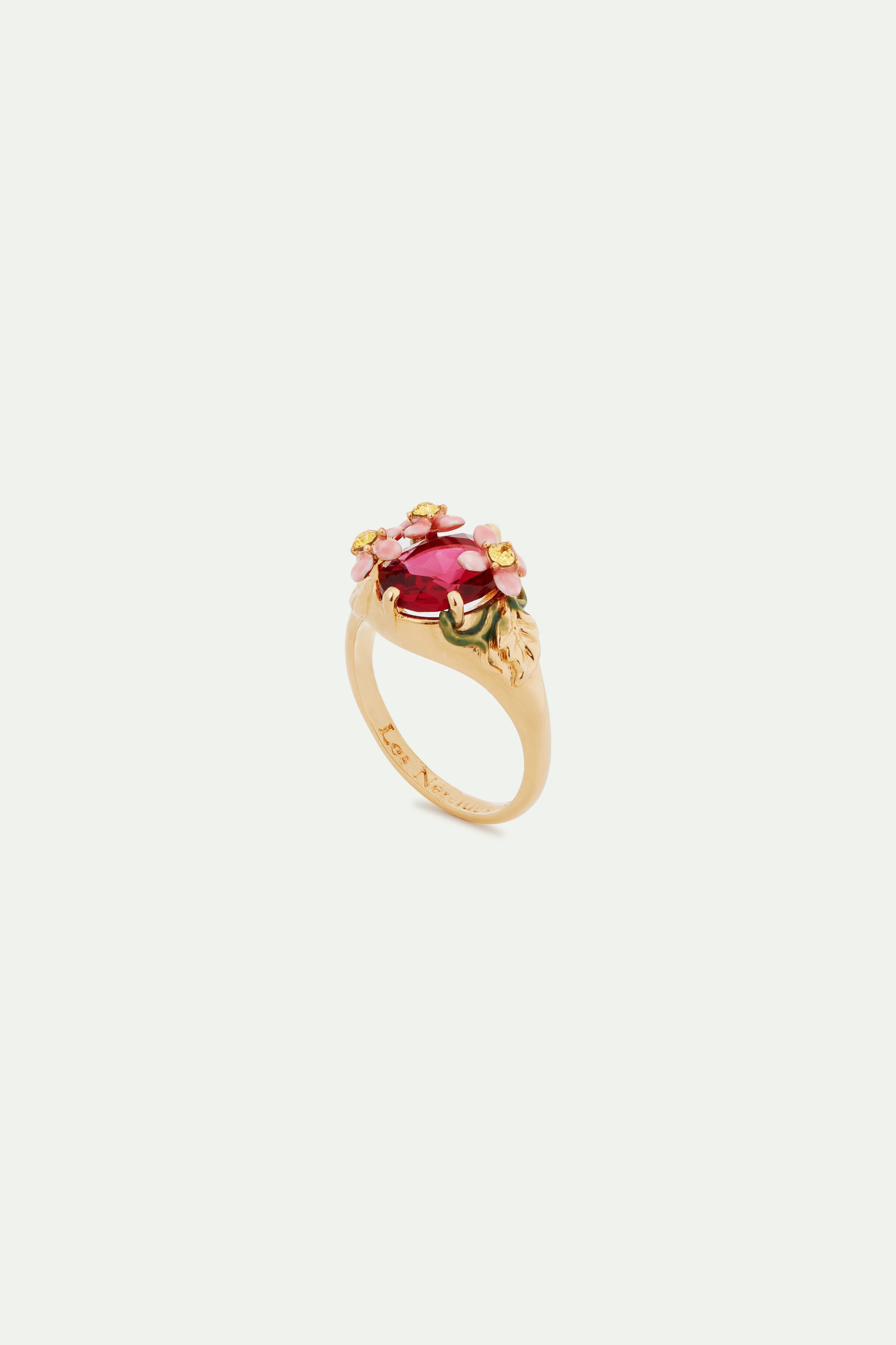 Bague cocktail verre facetté rose et fleurs roses