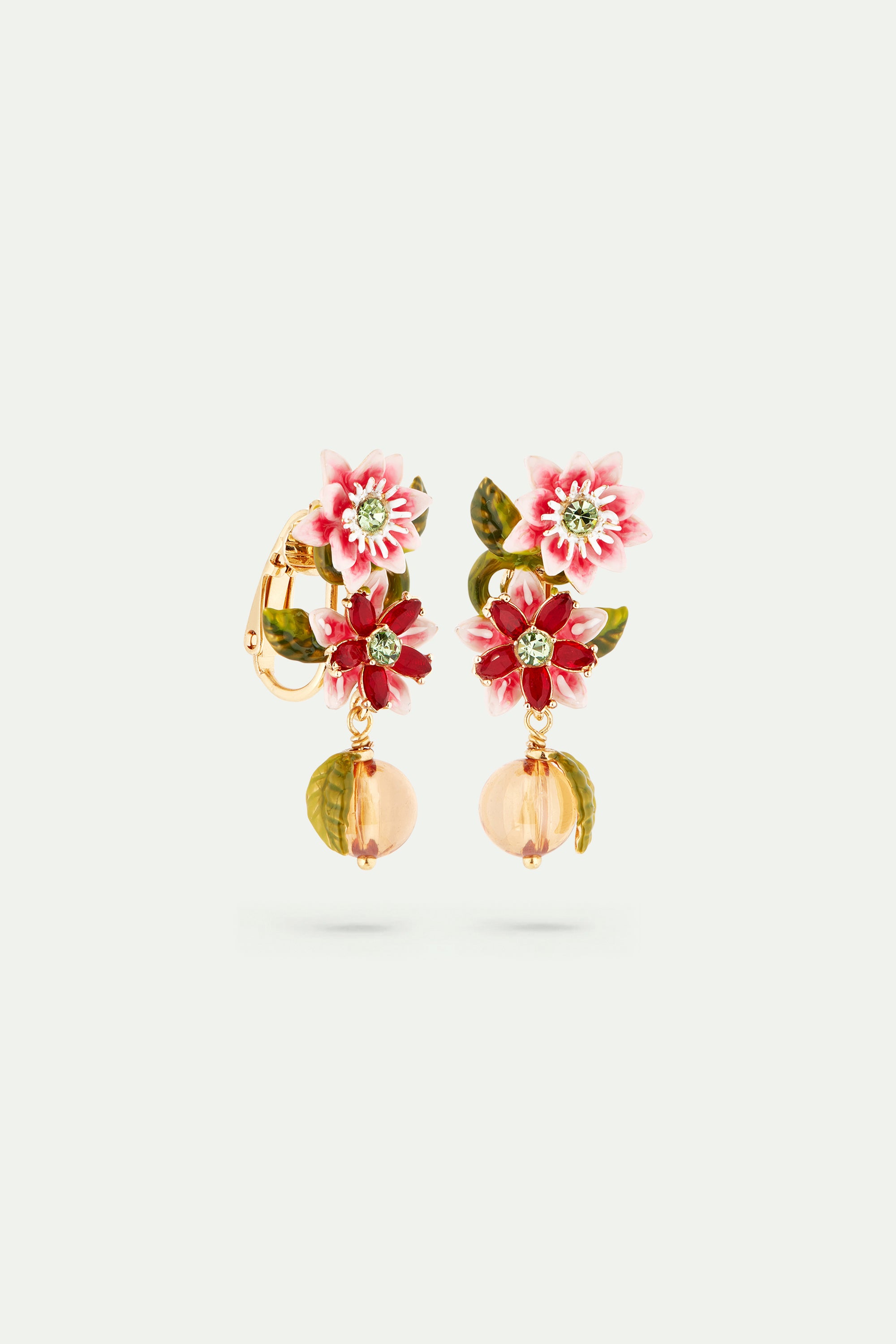 Boucles d'oreilles fleurs de passiflore et perle de verre