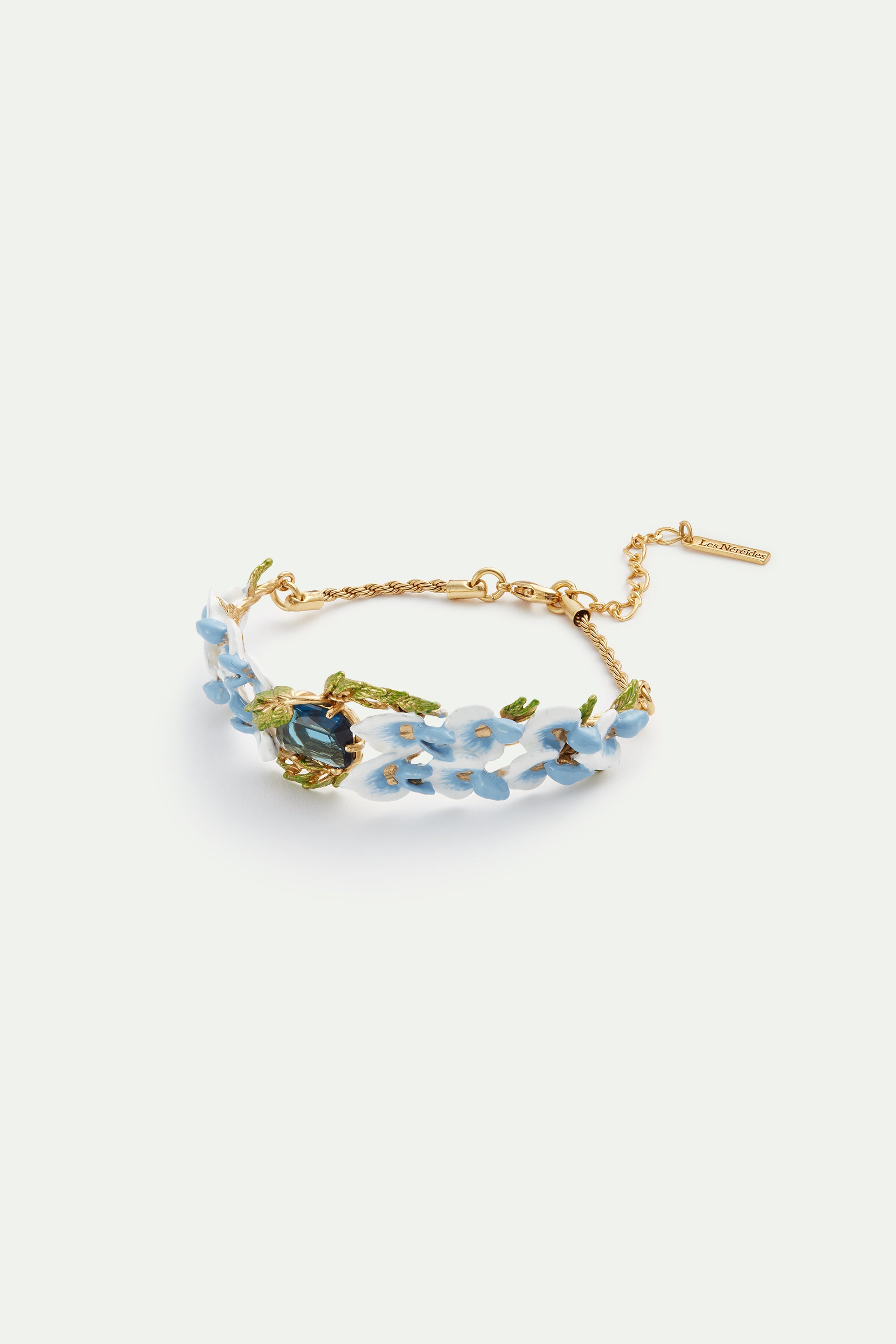 Bracelet fleurs de glycines et pierre facettes carré bleu