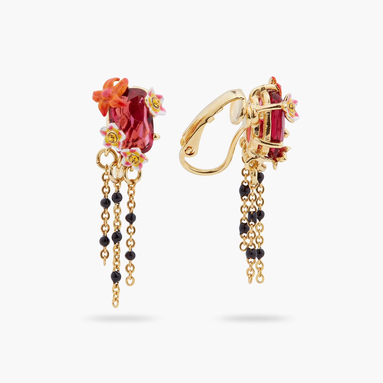 Boucles d'oreilles tiges pendantes cristal facetté et fleurs exotiques