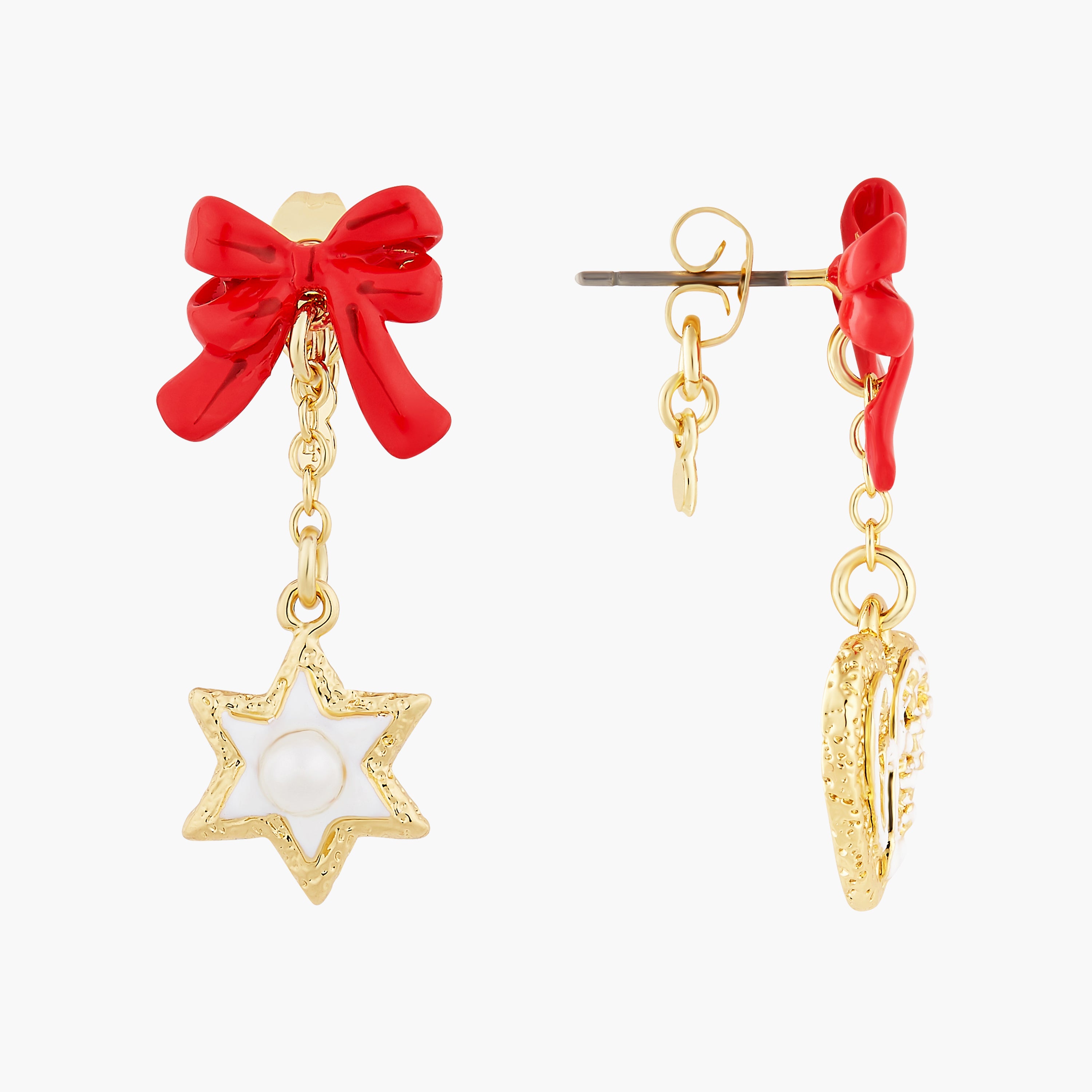 Boucles d'oreilles tiges biscuits cœur, étoile et nœud rouge