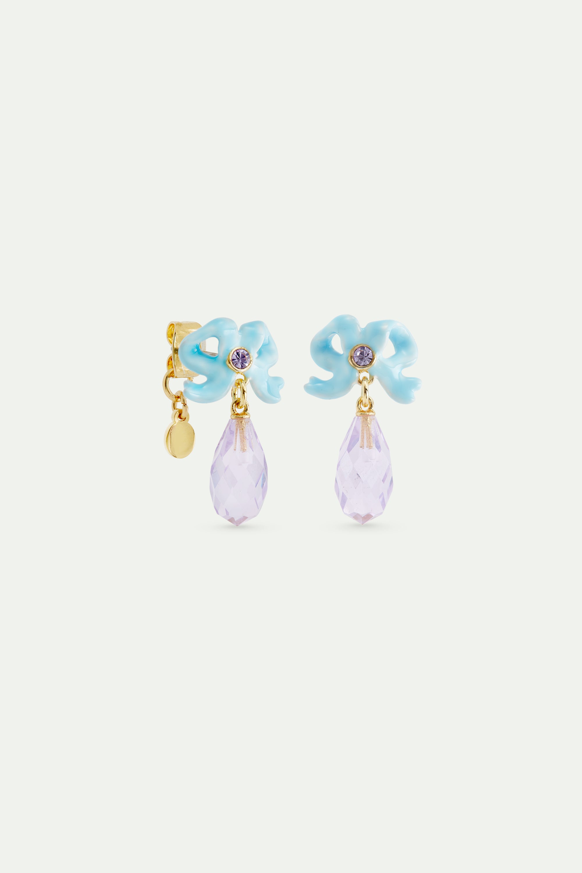 Pendientes bolitas boda, lazo azul y piedra tallada violeta colgante