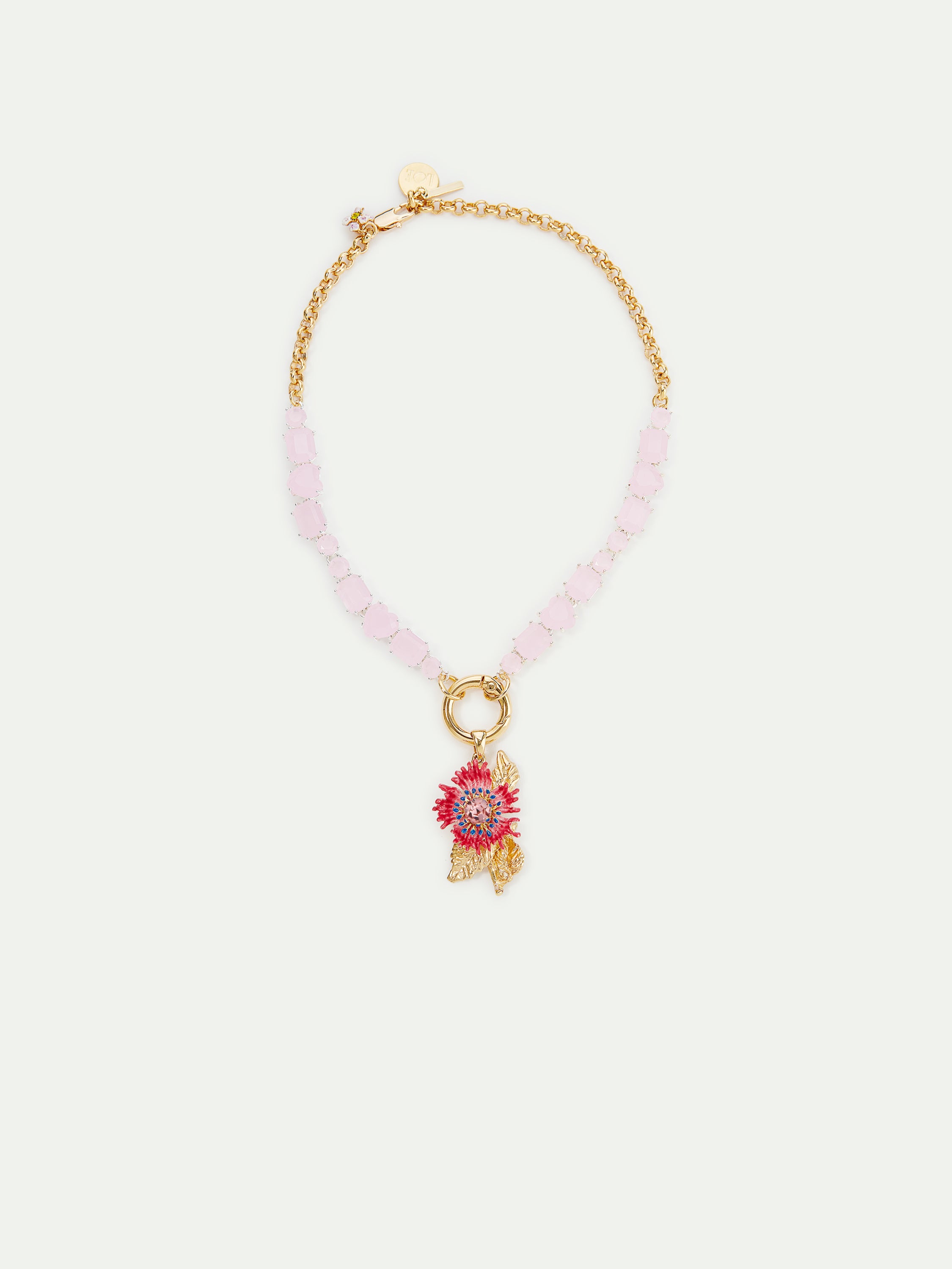 Collier ras de cou pierres facettées roses et fleur colorée