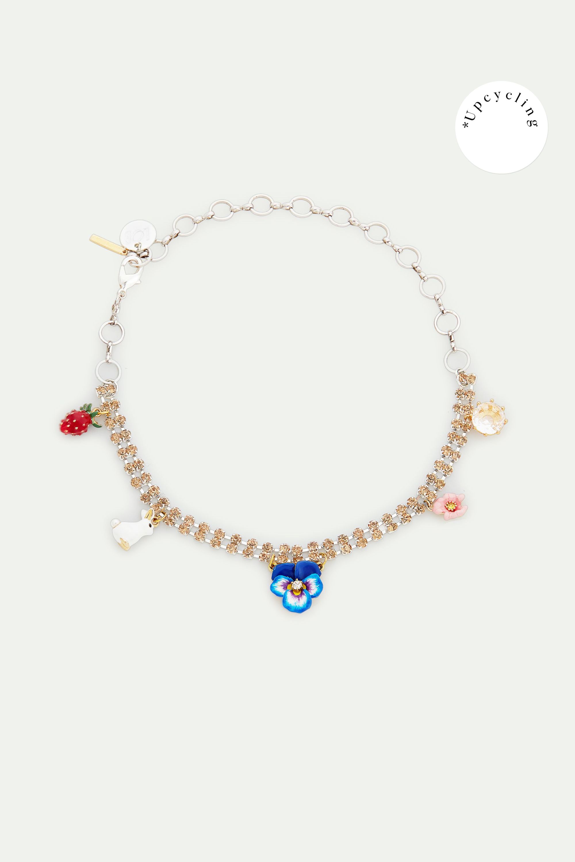 Collier ras de cou strass, pensée et lapin