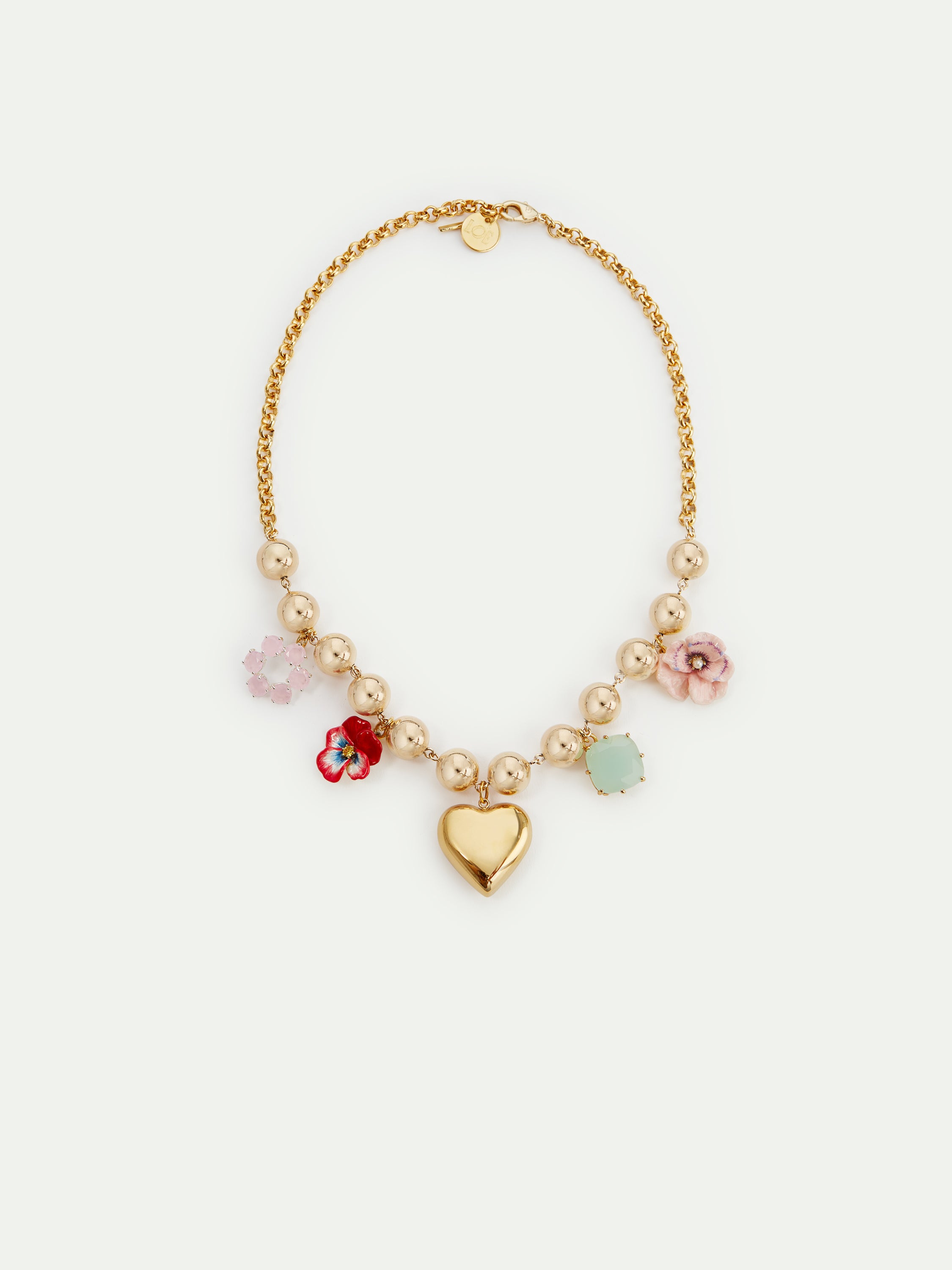 Red pansy flower, faceted stones and pearl choker necklace