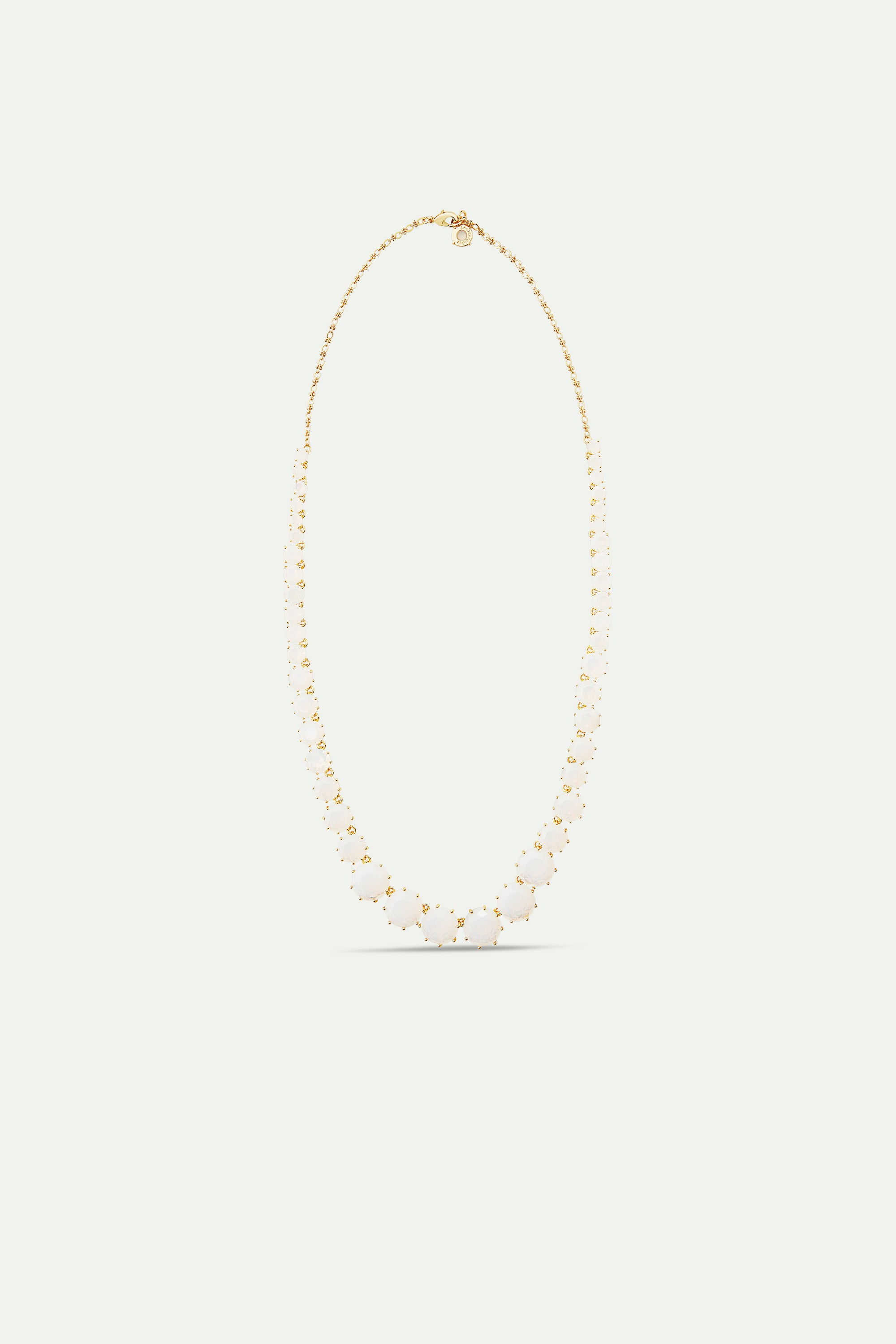 Opalescent white Diamantine round stone long necklace