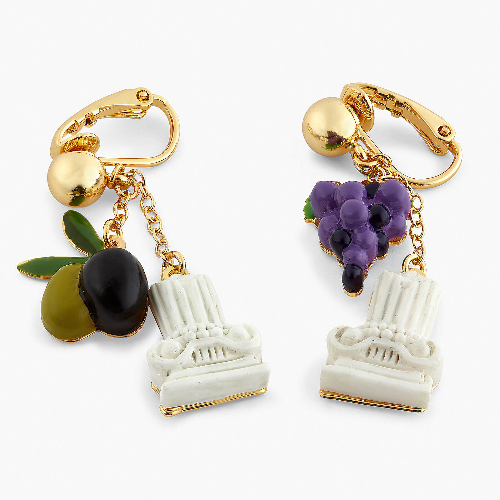 Column, grapes and olive clip-on earrings