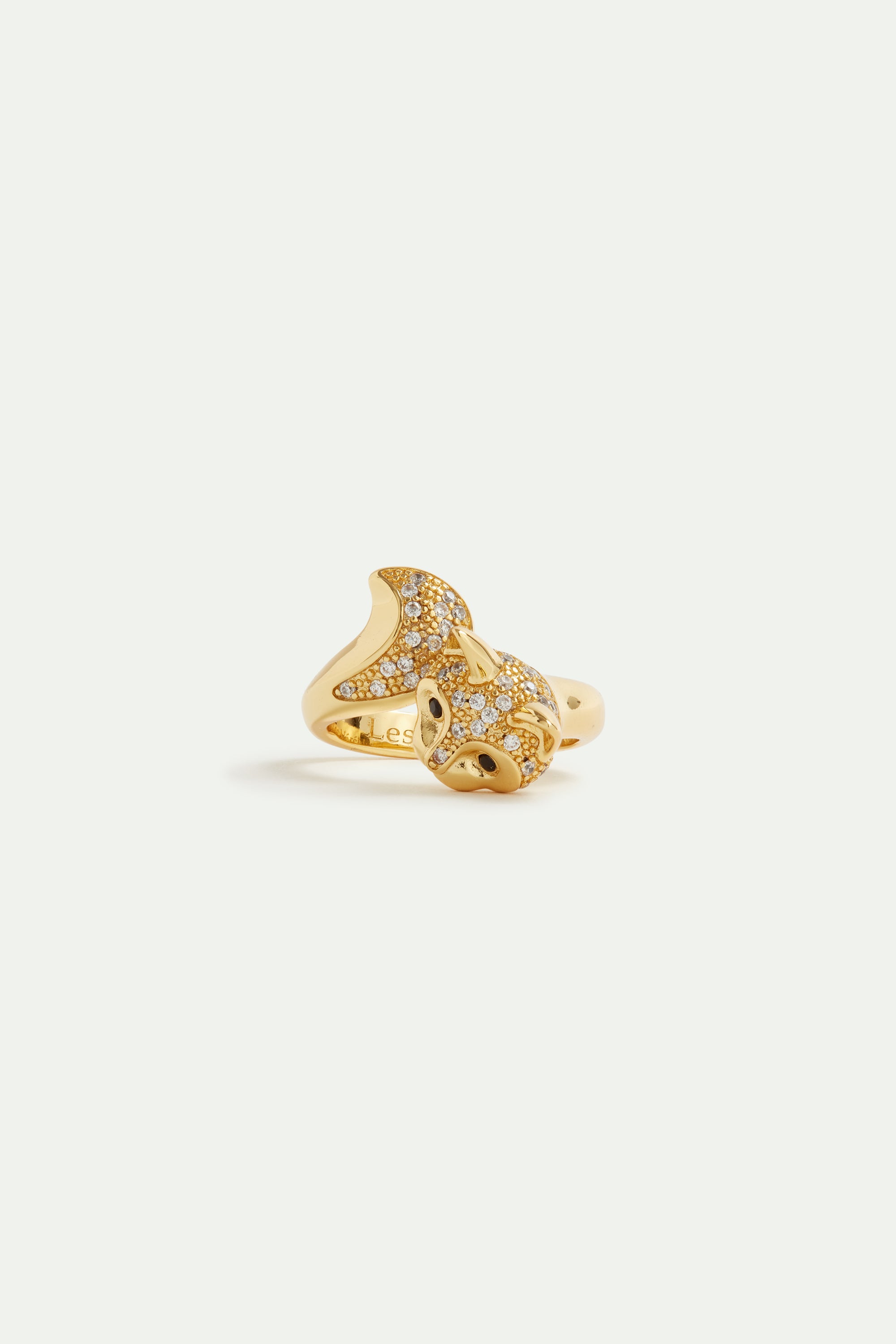 Golden cat and crystal adjustable ring