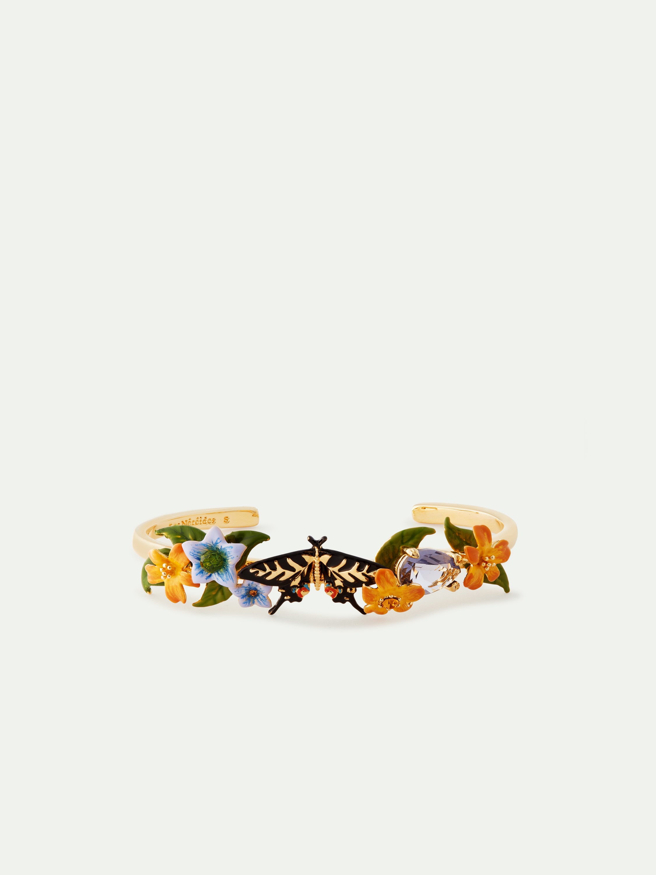 Bracelet jonc papillon, fleurs de jasmin et verre facetté