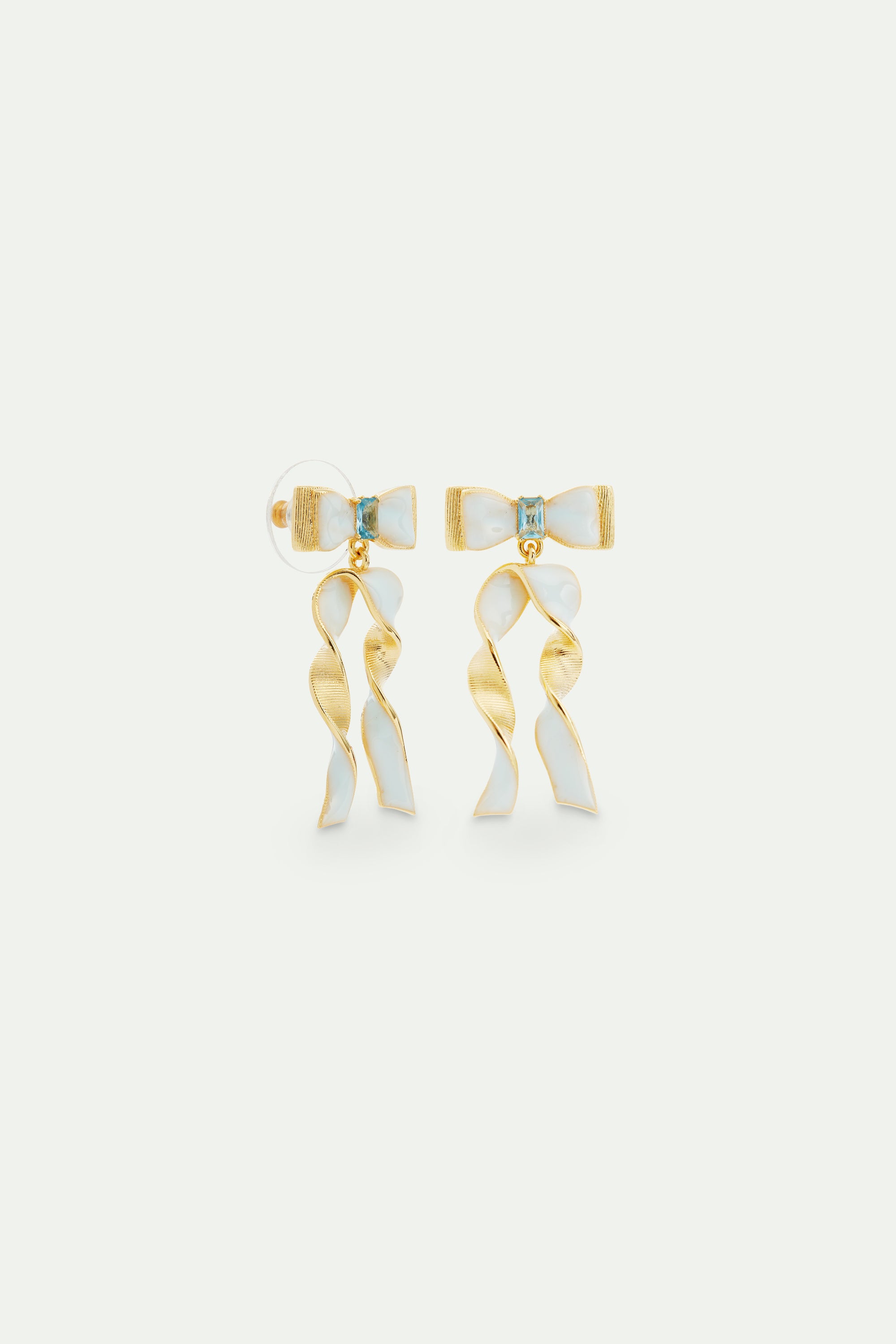 Blue and gold ribbon and blue cut stone earrings