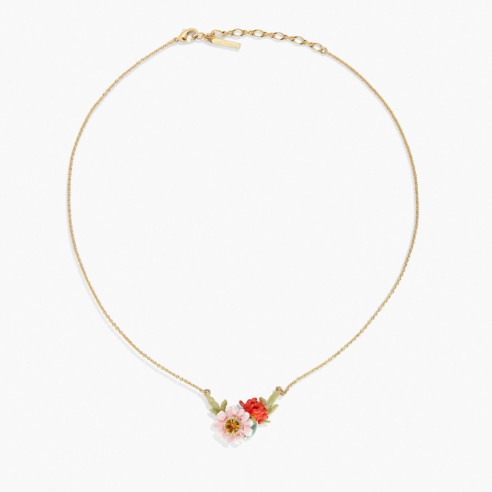 Collier pendentif dahlia rouge et fleur de prairie rose