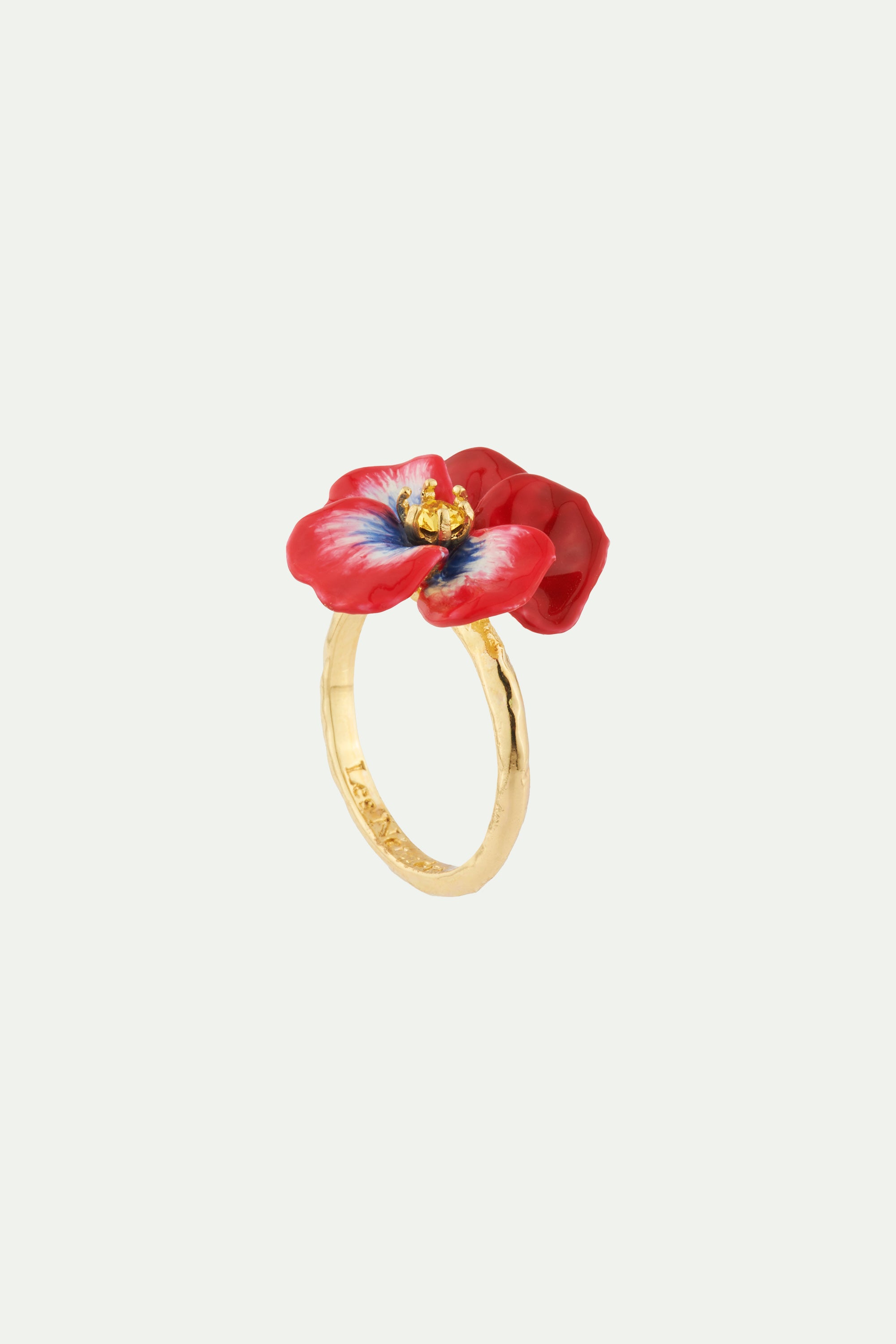 Red pansy and faceted crystal cokctail ring