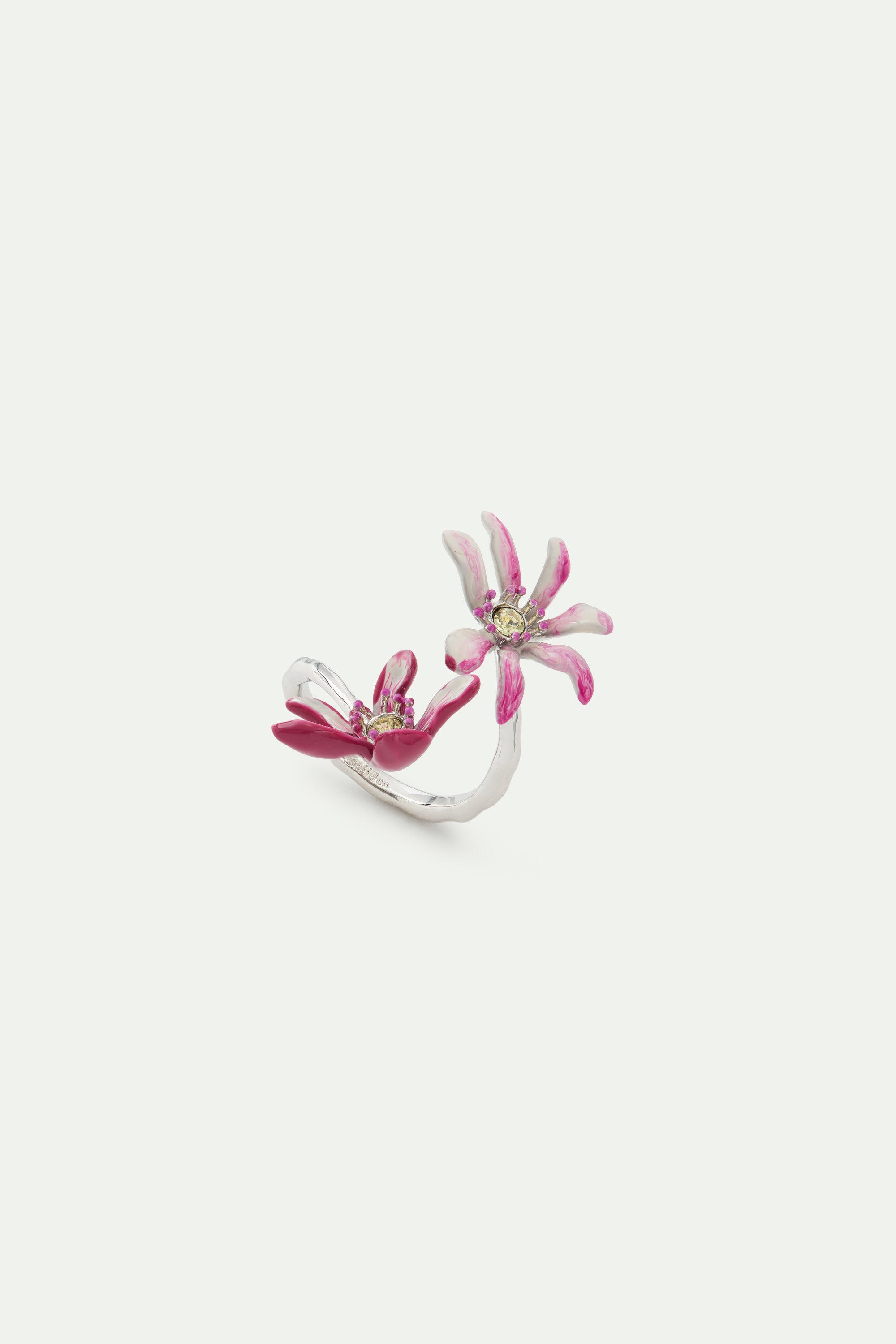 Adjustable silver ring with pink magnolia flowers and crystals