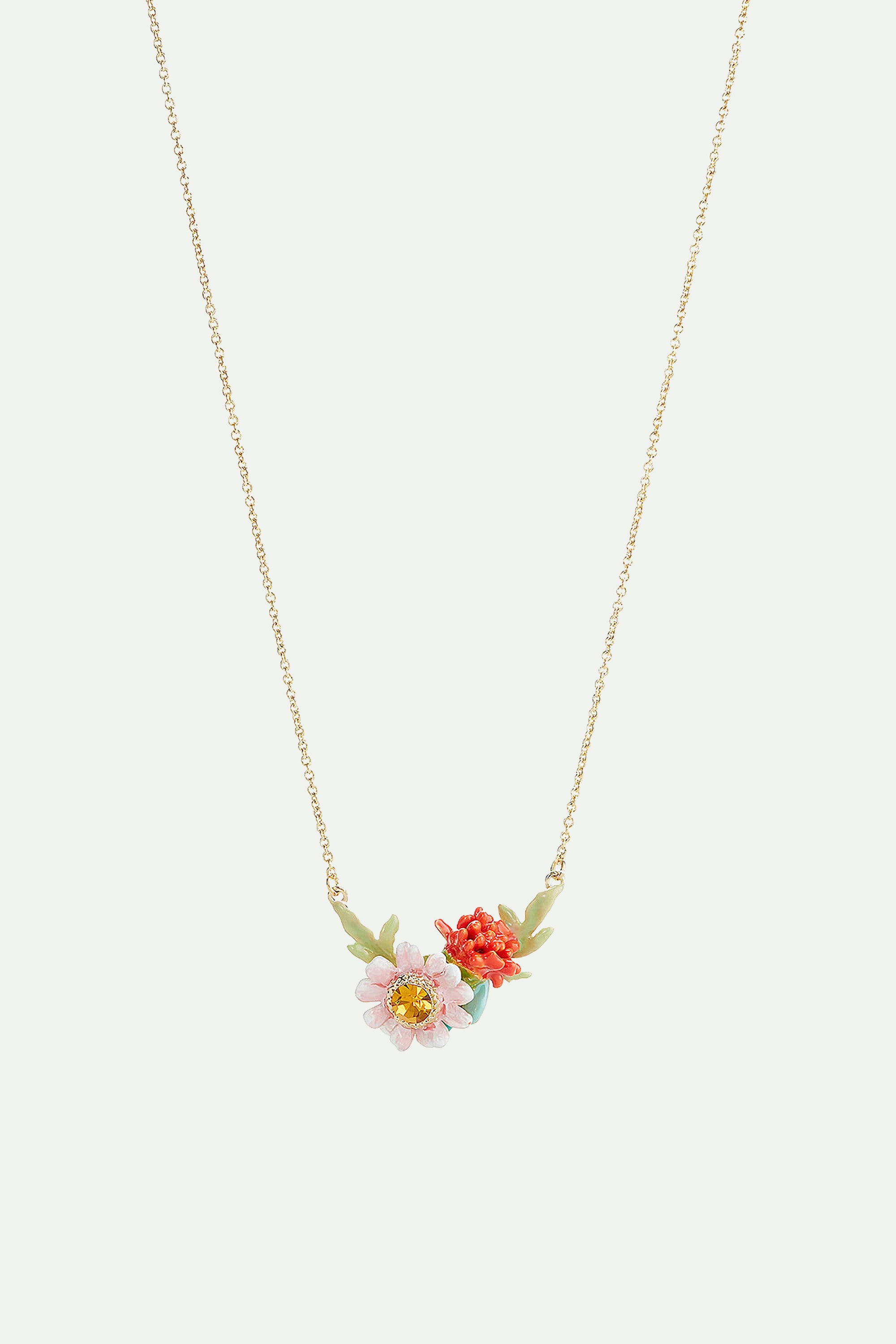 Collier pendentif dahlia rouge et fleur de prairie rose