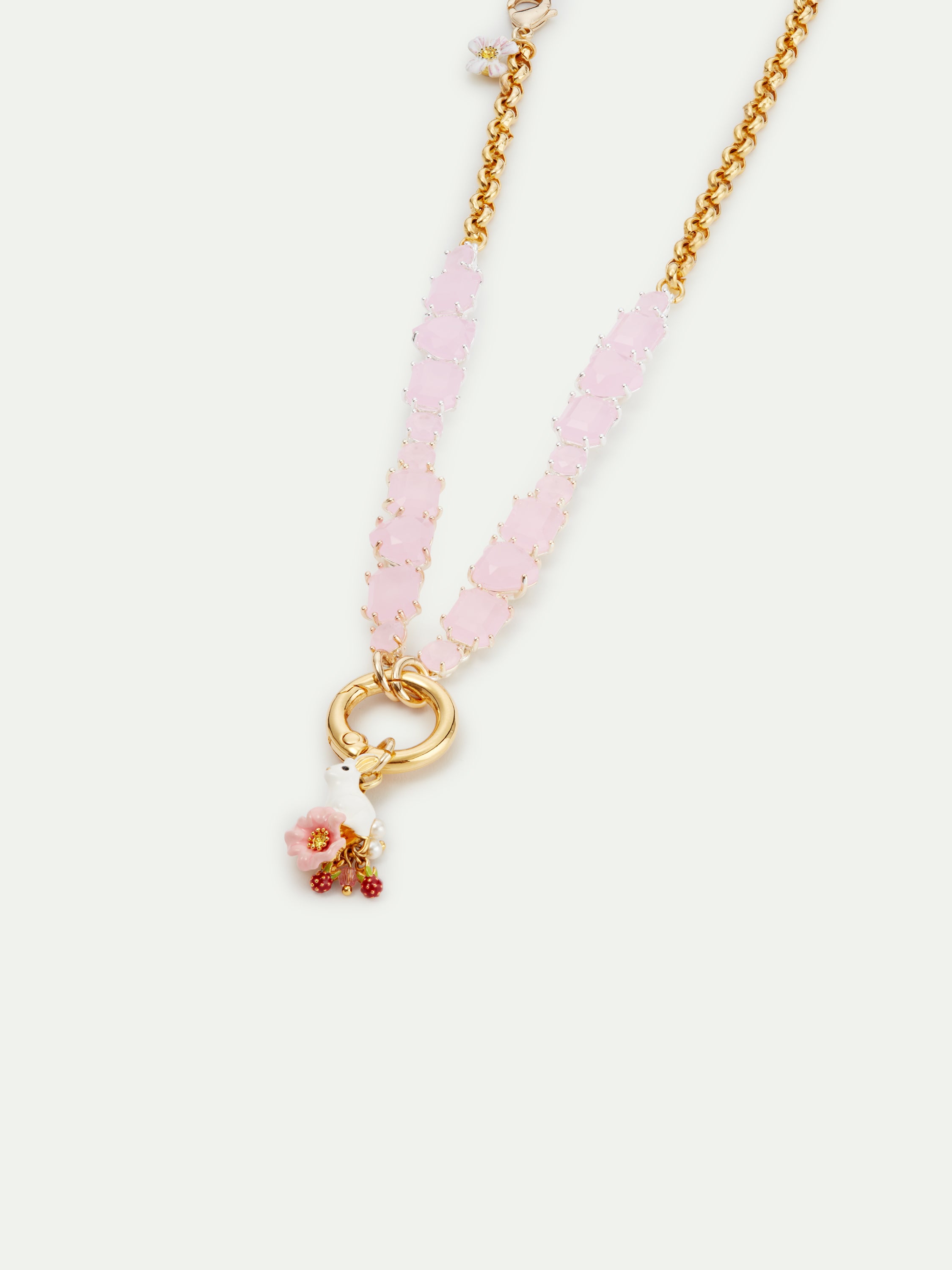 Collier ras de cou pierres facettées roses et lapin