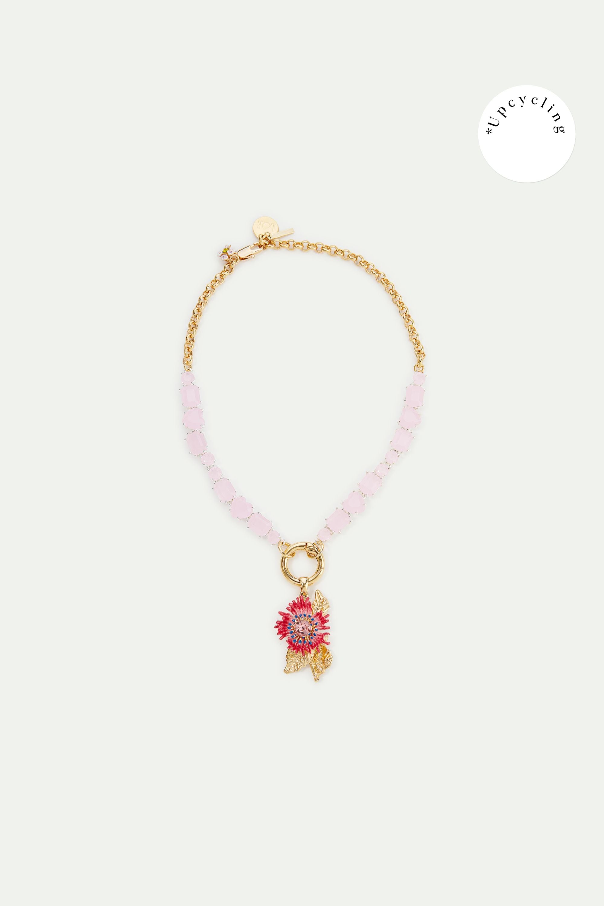 Collier ras de cou pierres facettées roses et fleur colorée