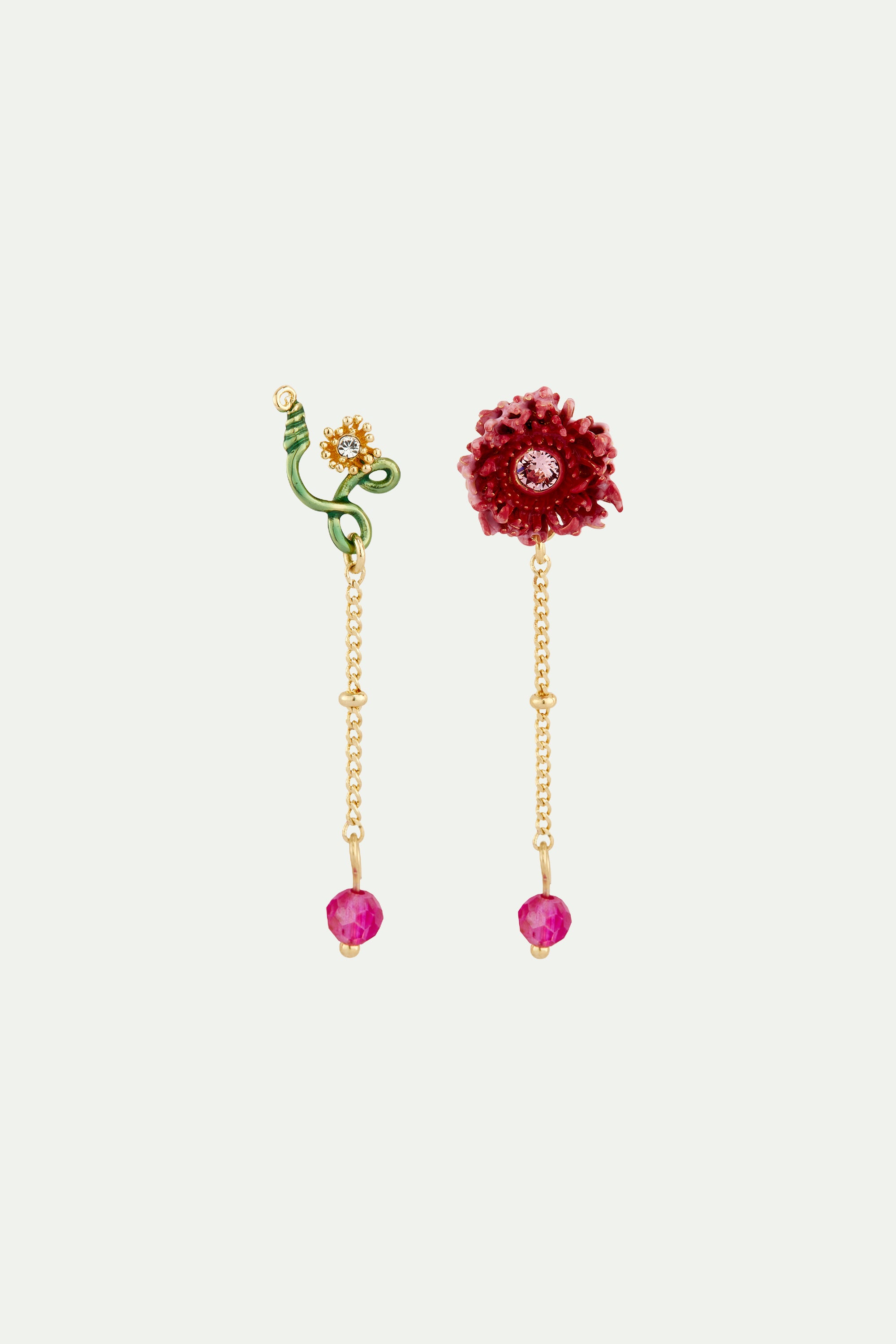 Chrysanthemum and stem post dangling earrings