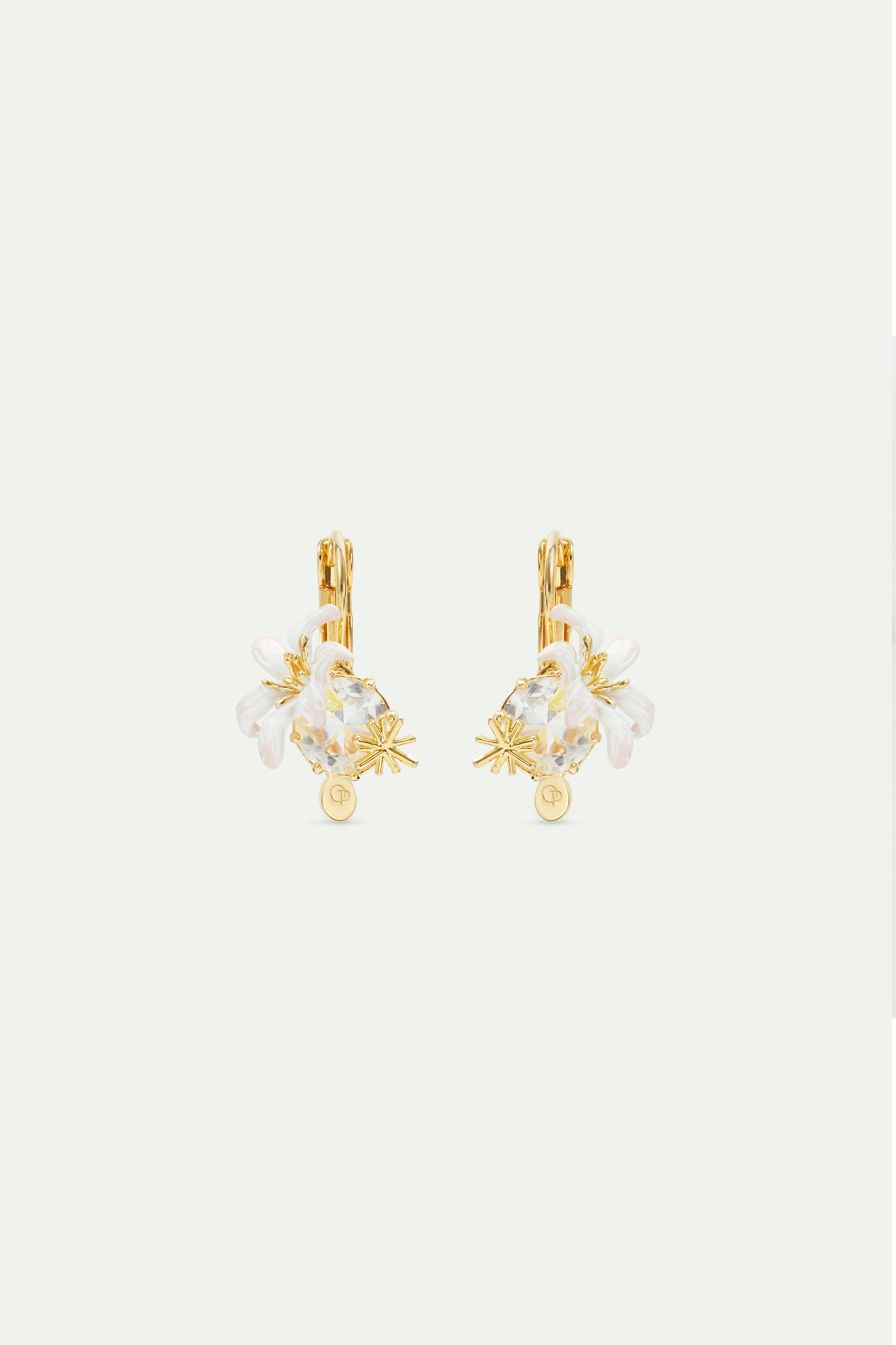 Boucles d'oreilles dormeuses pierre ronde facettée et Fleur de Lys blanche