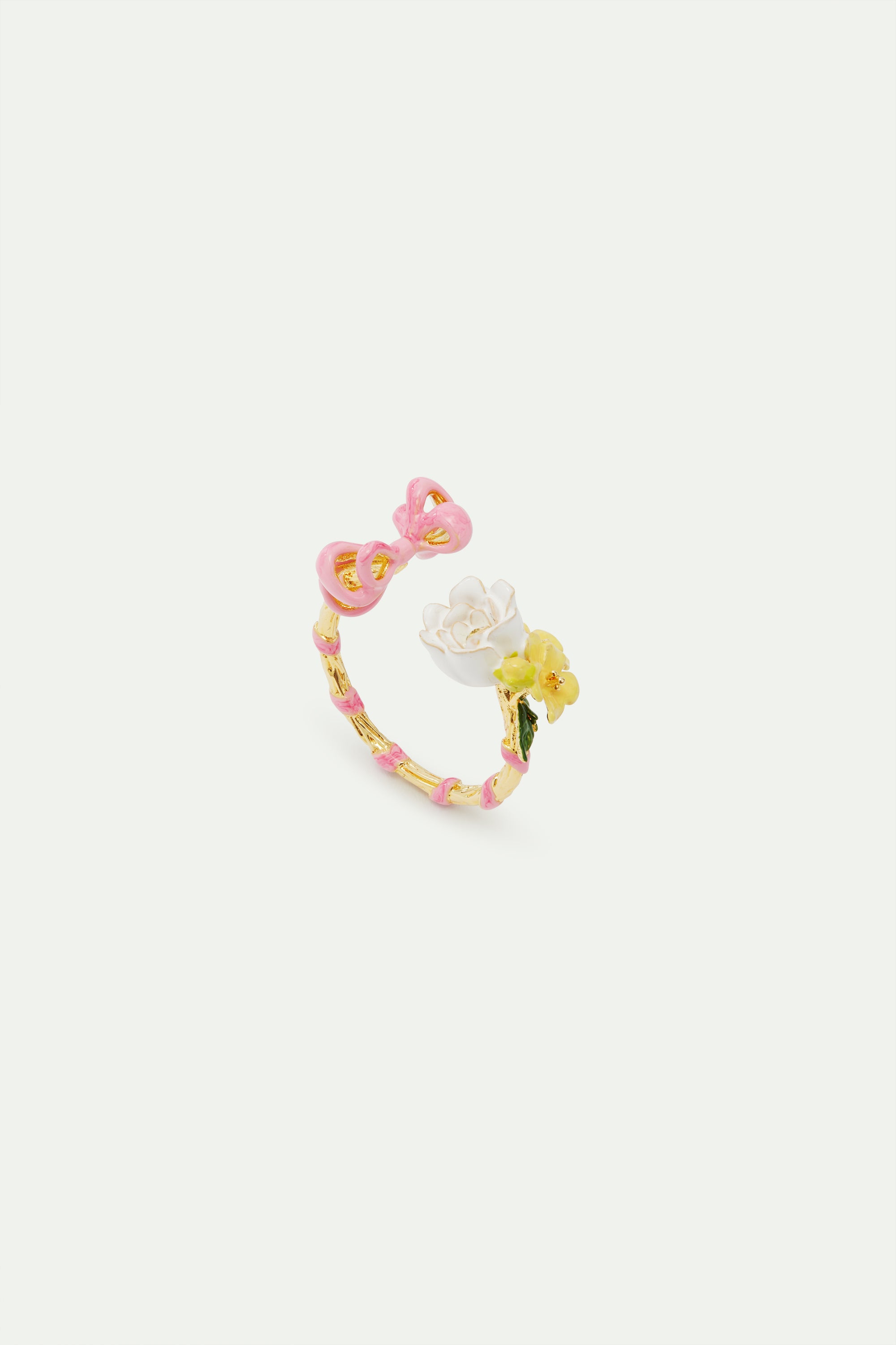 Bague ajustable ruban rose et fleurs