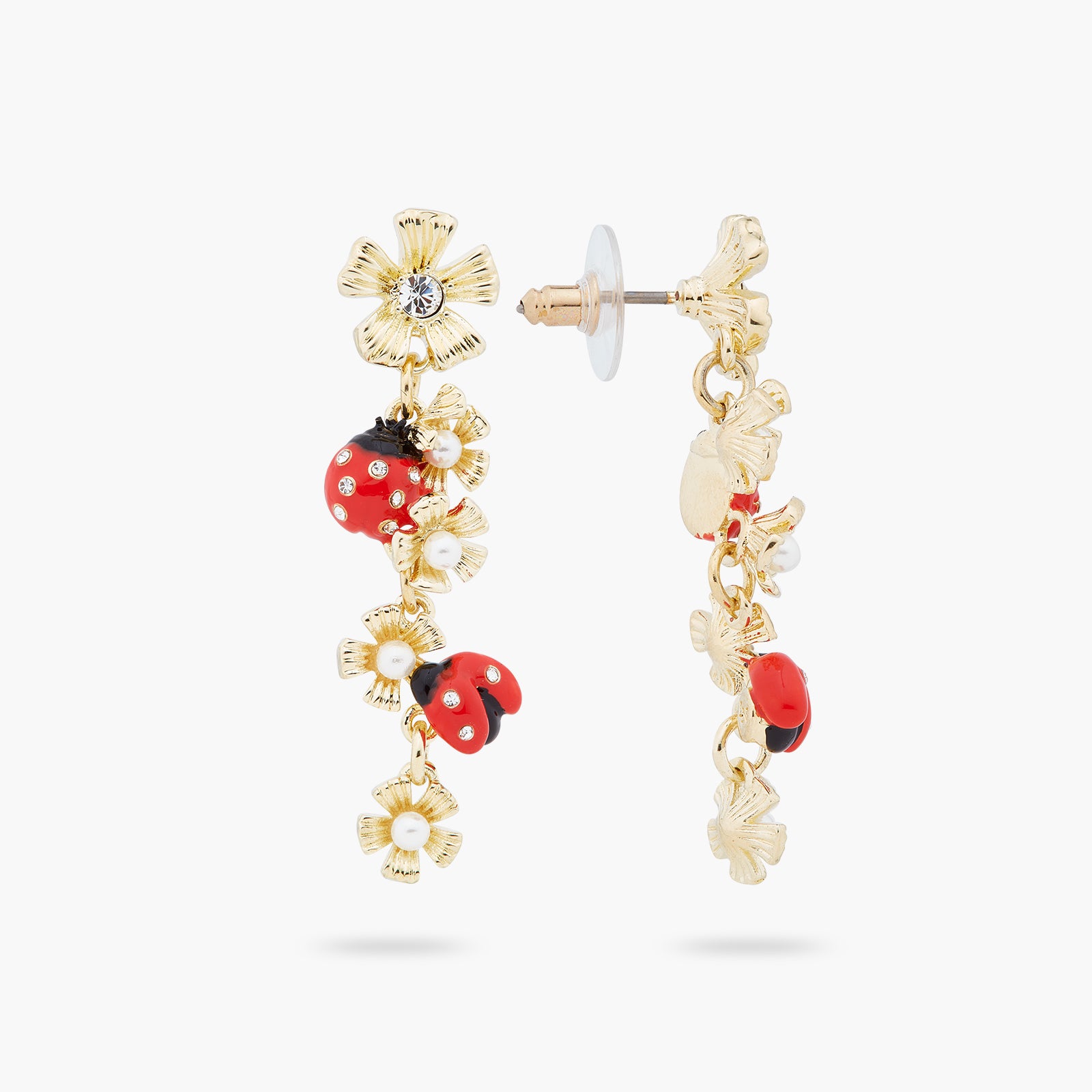 Ladybird and wood anemone duo dangling post earrings