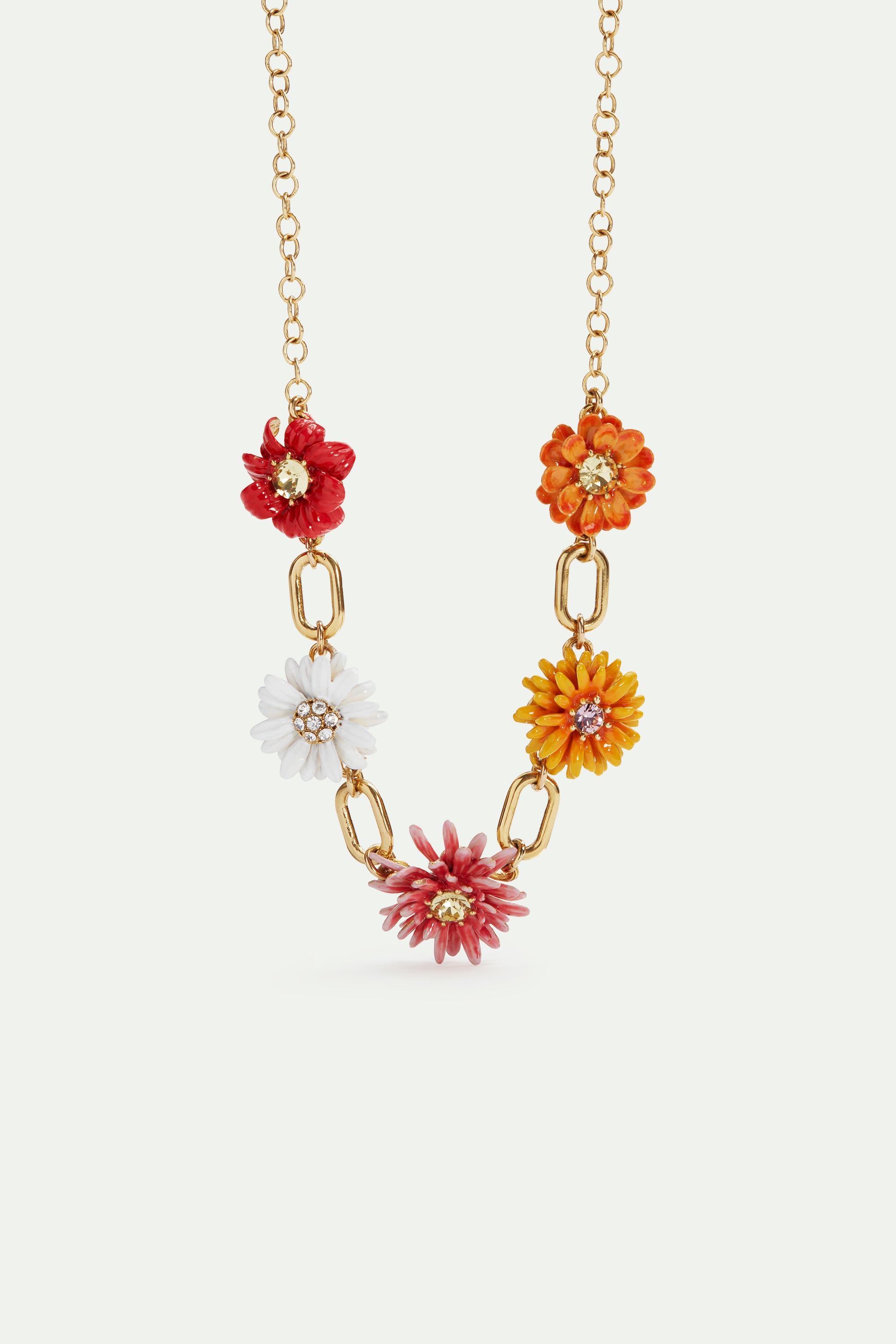 Gold link necklace with daisy and zinnia flowers