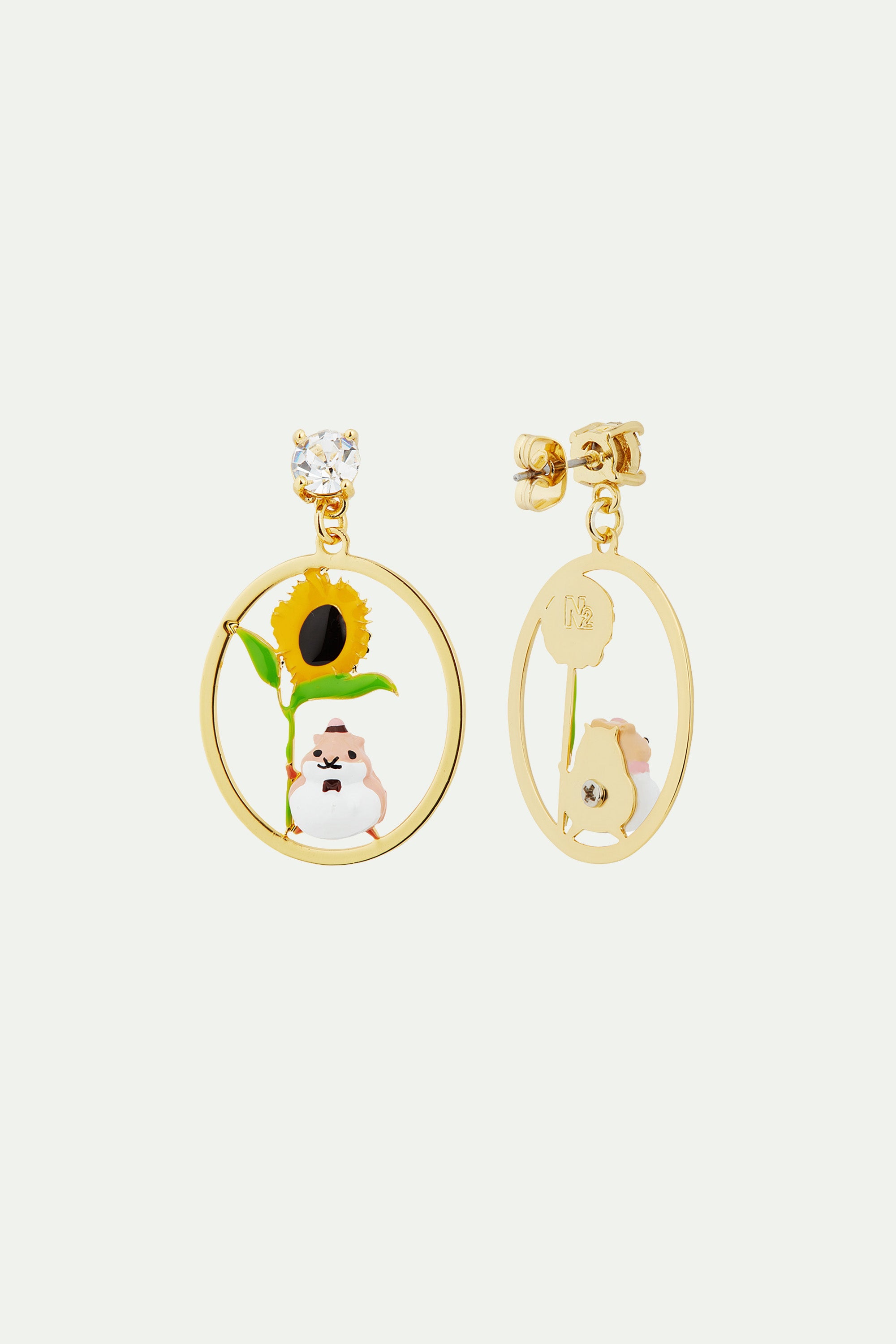 Hamster and flower asymmetrical post earrings