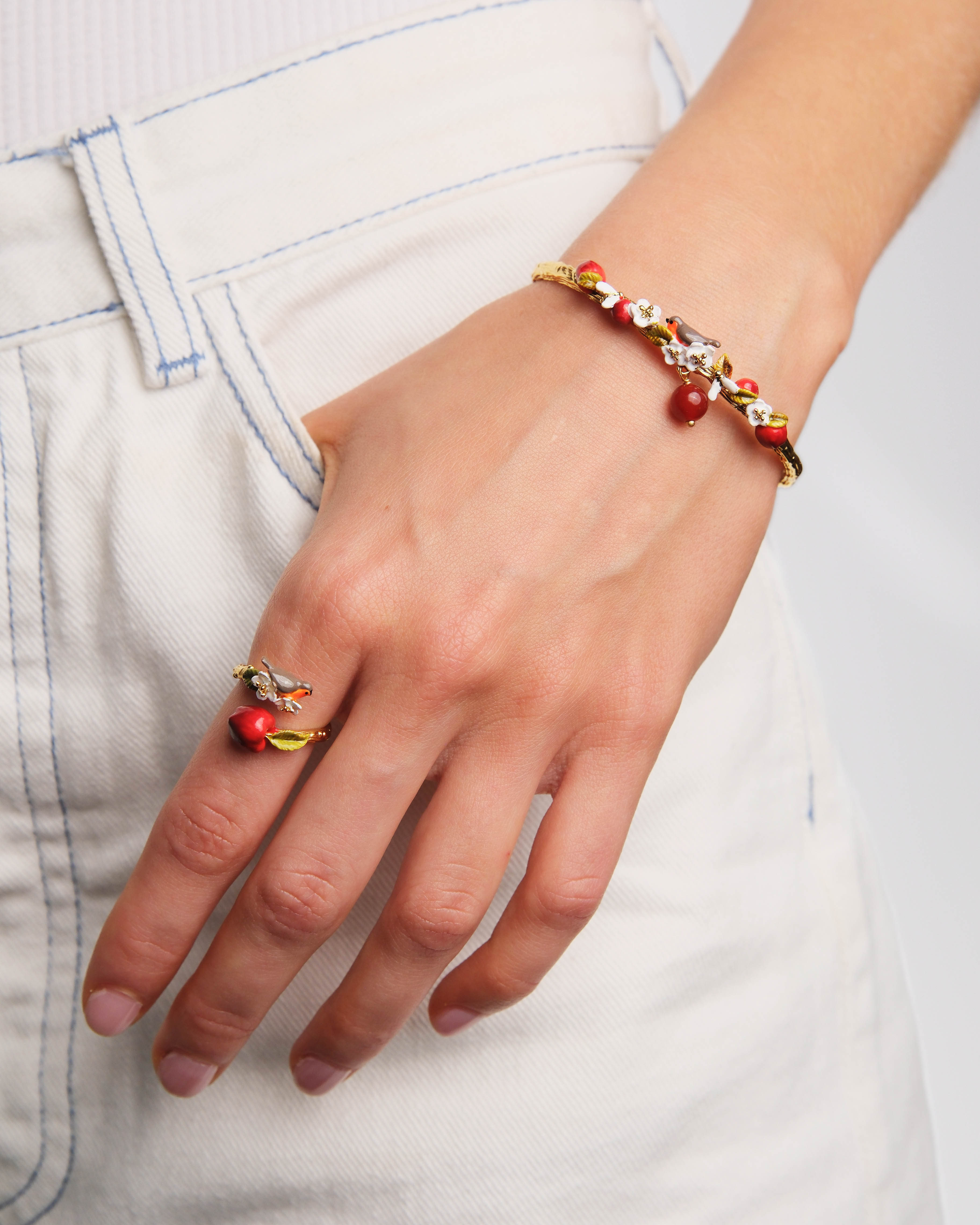 Apple, robin, bee and apple blossom cuff bracelet