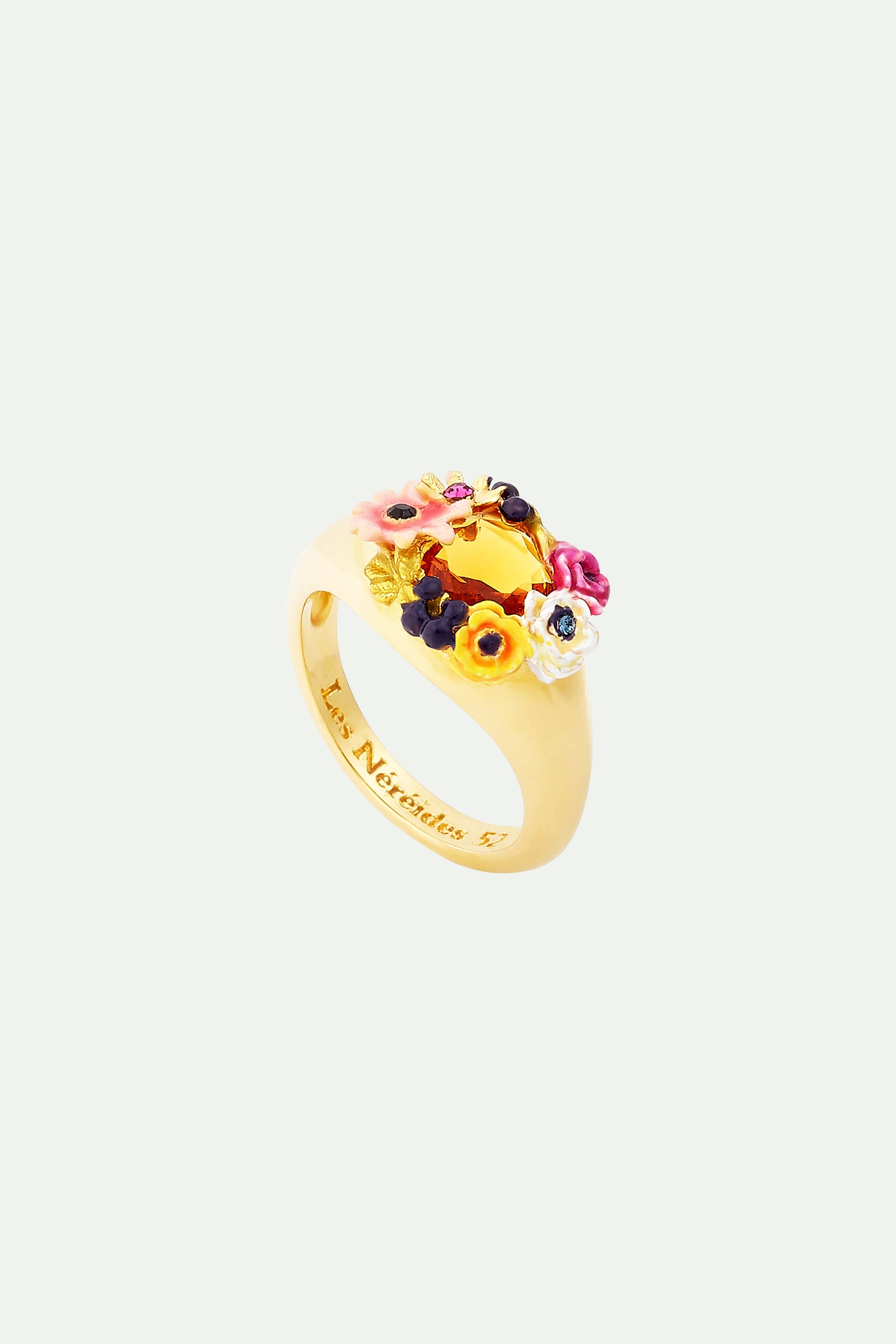 Bague cocktail fleurs de pavot et pierre de verre facetté