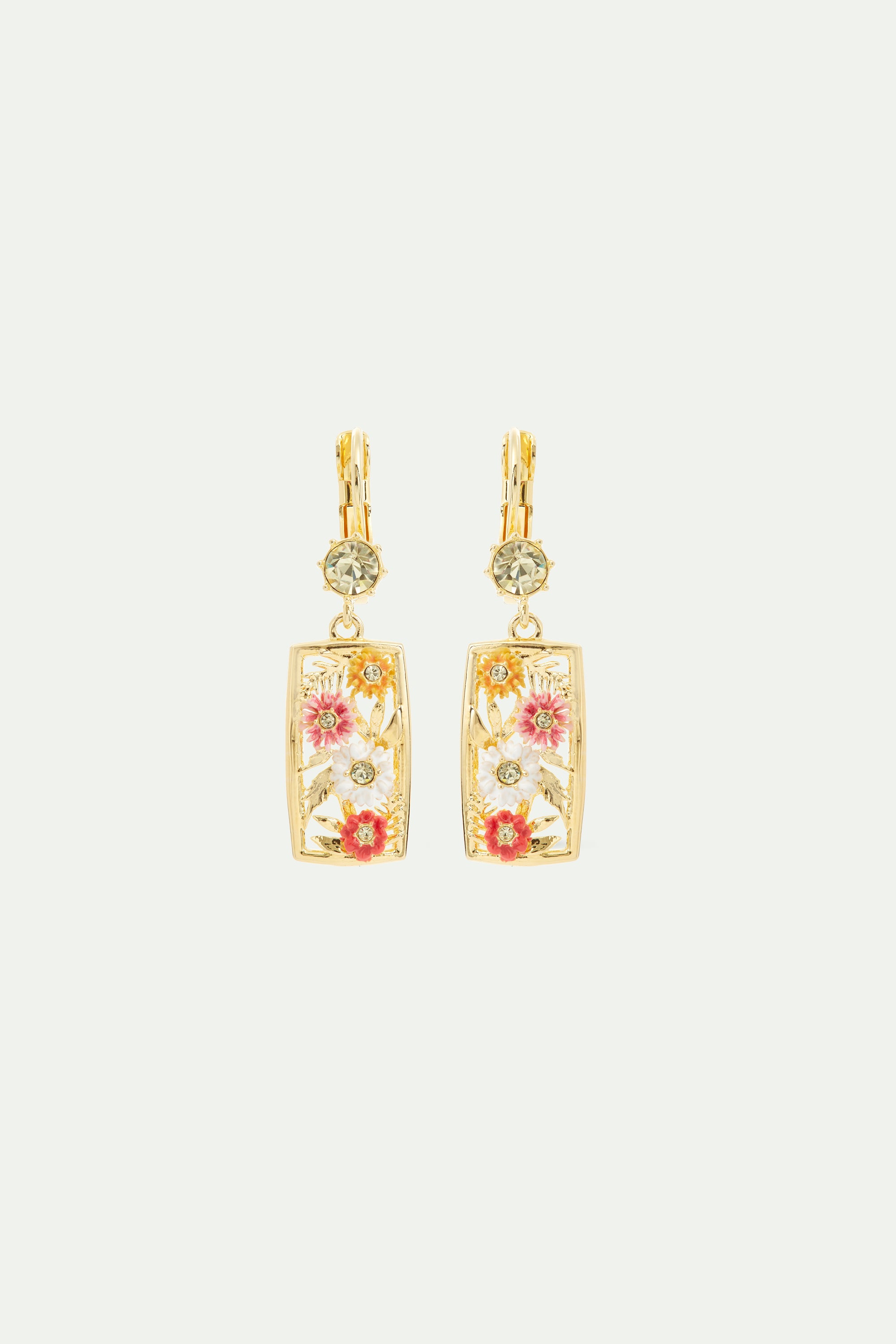 Pendientes dormilonas calados dorados con zinnias y cristal amarillo facetado